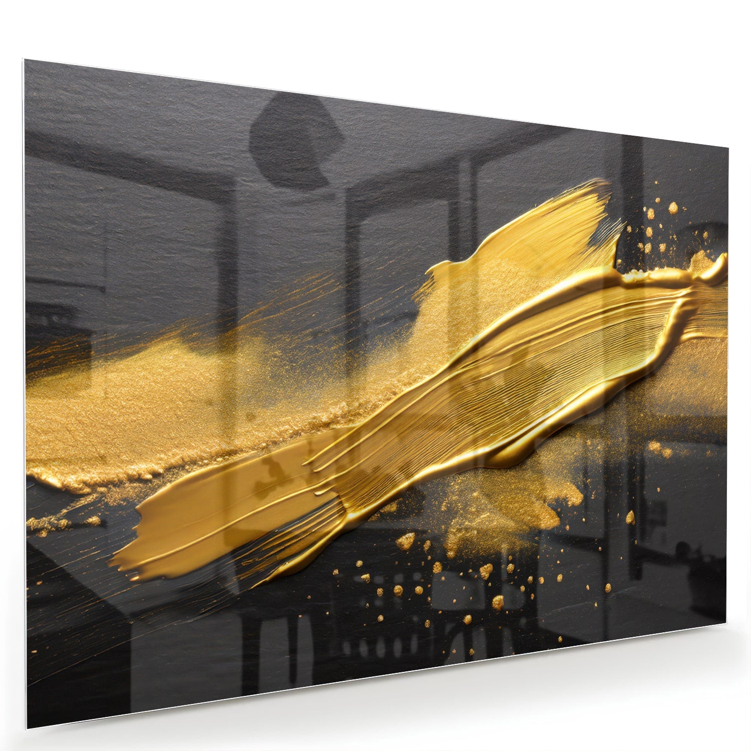 Modern glazen schilderij met gouden strepen op een zwarte achtergrond.