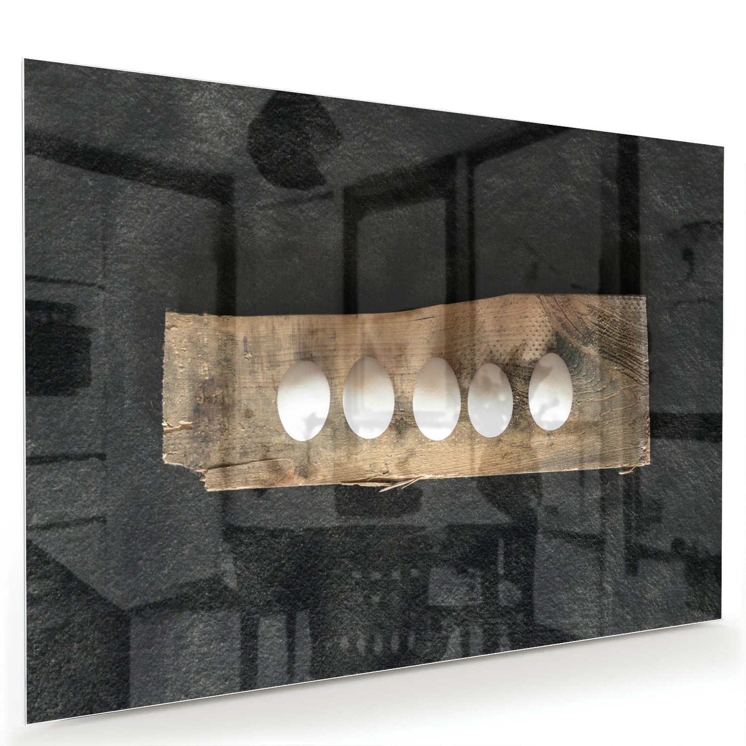 Elegant glazen schilderij met vier lichtpunten, perfect voor moderne interieurs.