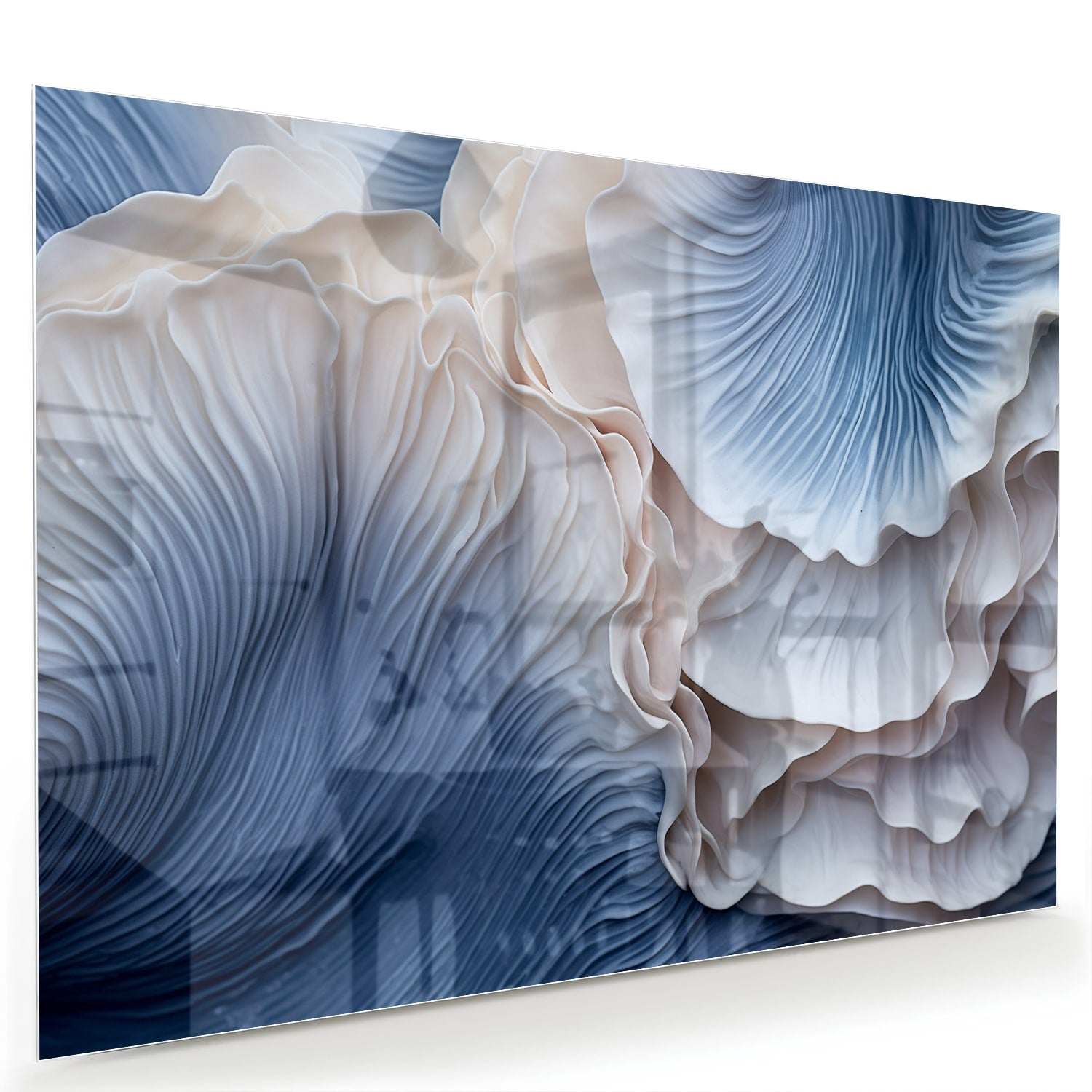 Glazen schilderij met blauw-witte patronen in modern interieur