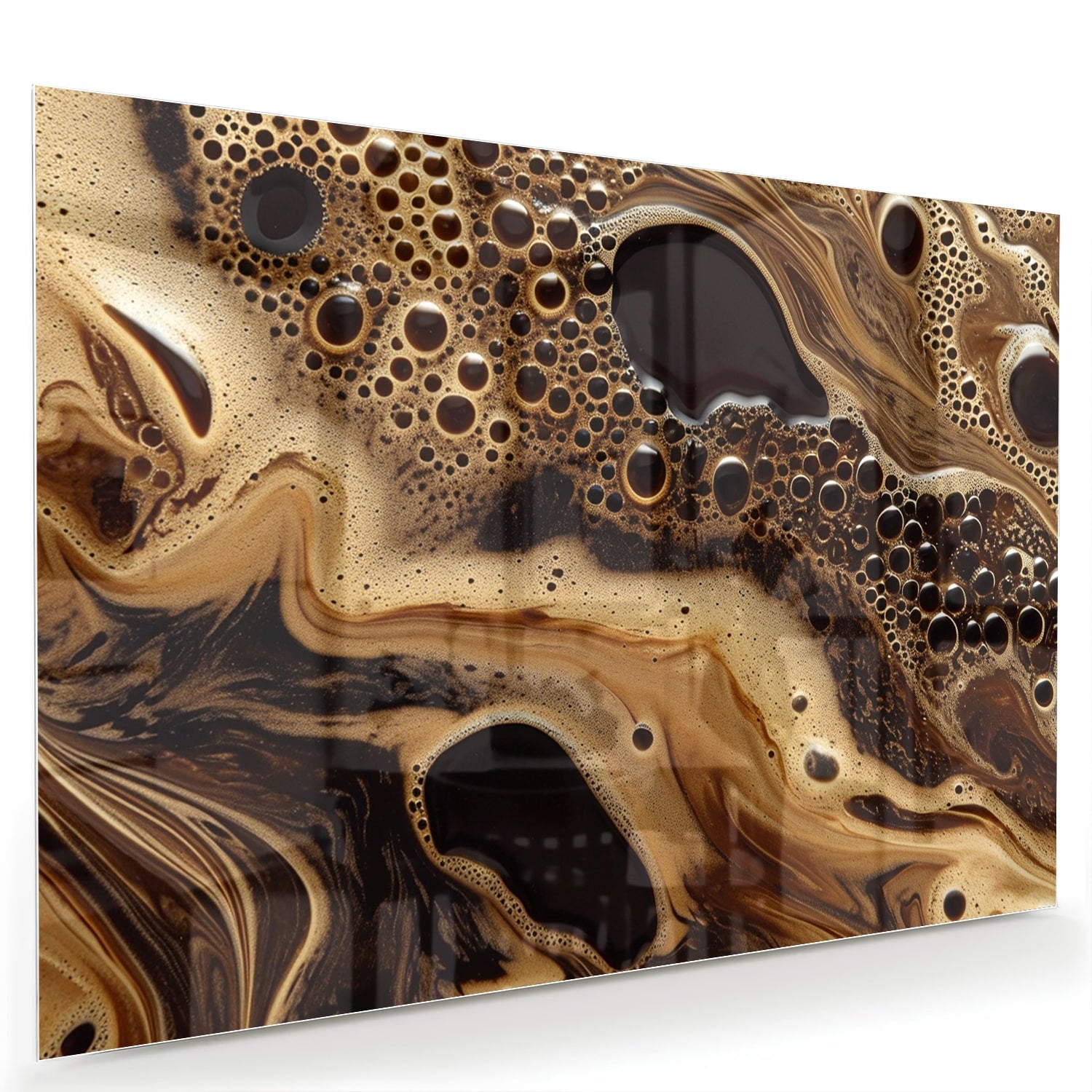 Abstract glazen schilderij met aardse kleuren en organische vormen, geschikt voor moderne interieurs.