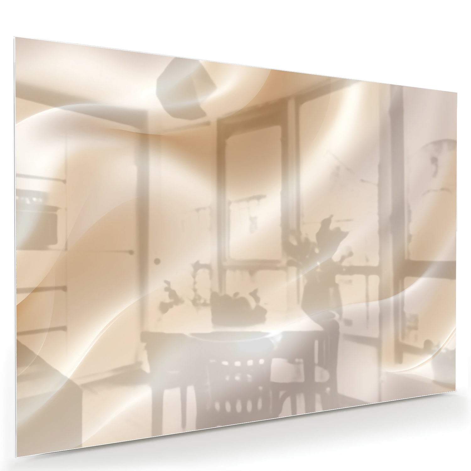 Minimalistisch glazen schilderij met warme tinten in een moderne woonkamer.