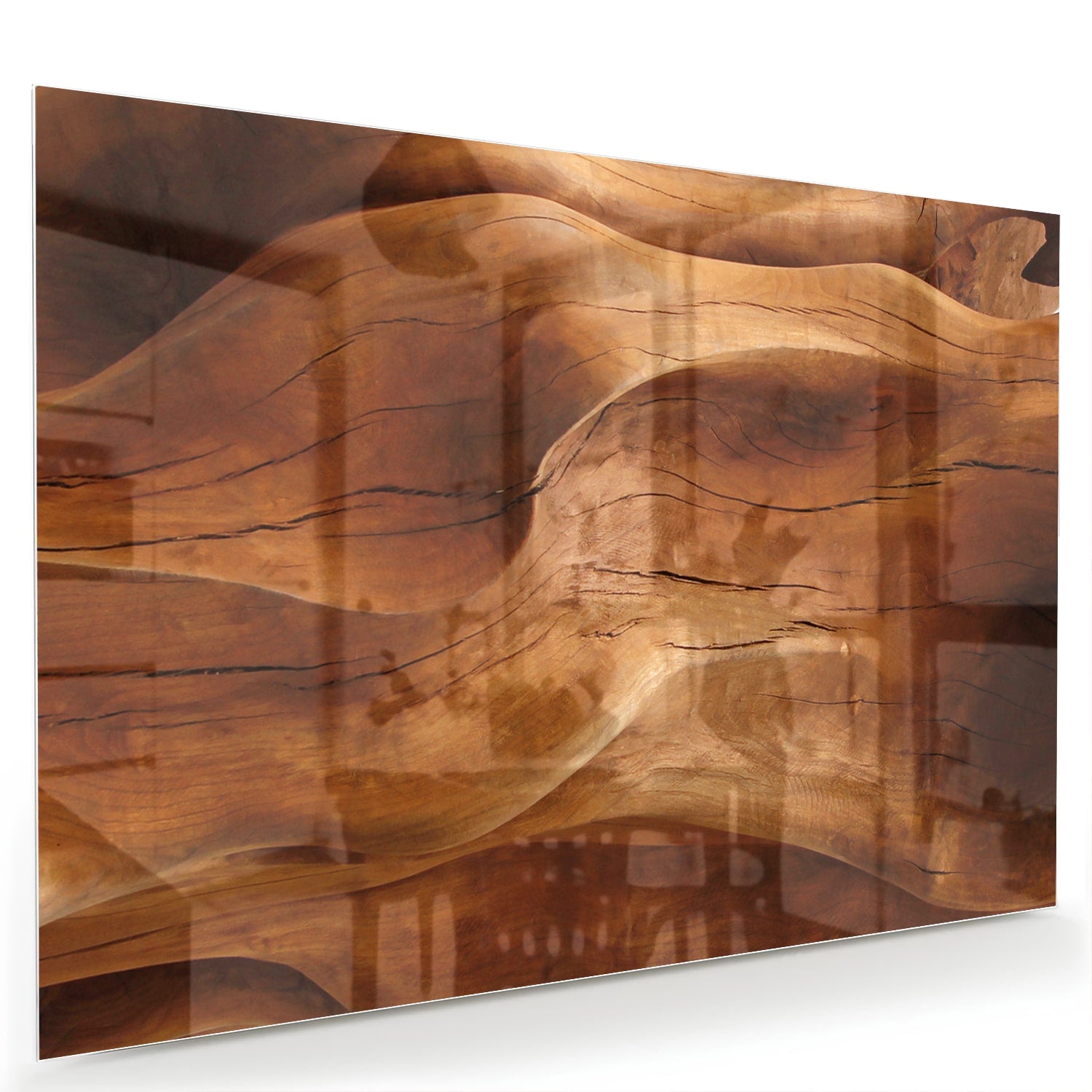 Abstract glazen schilderij met warme houttinten boven een moderne kast in een lichte woonkamer.