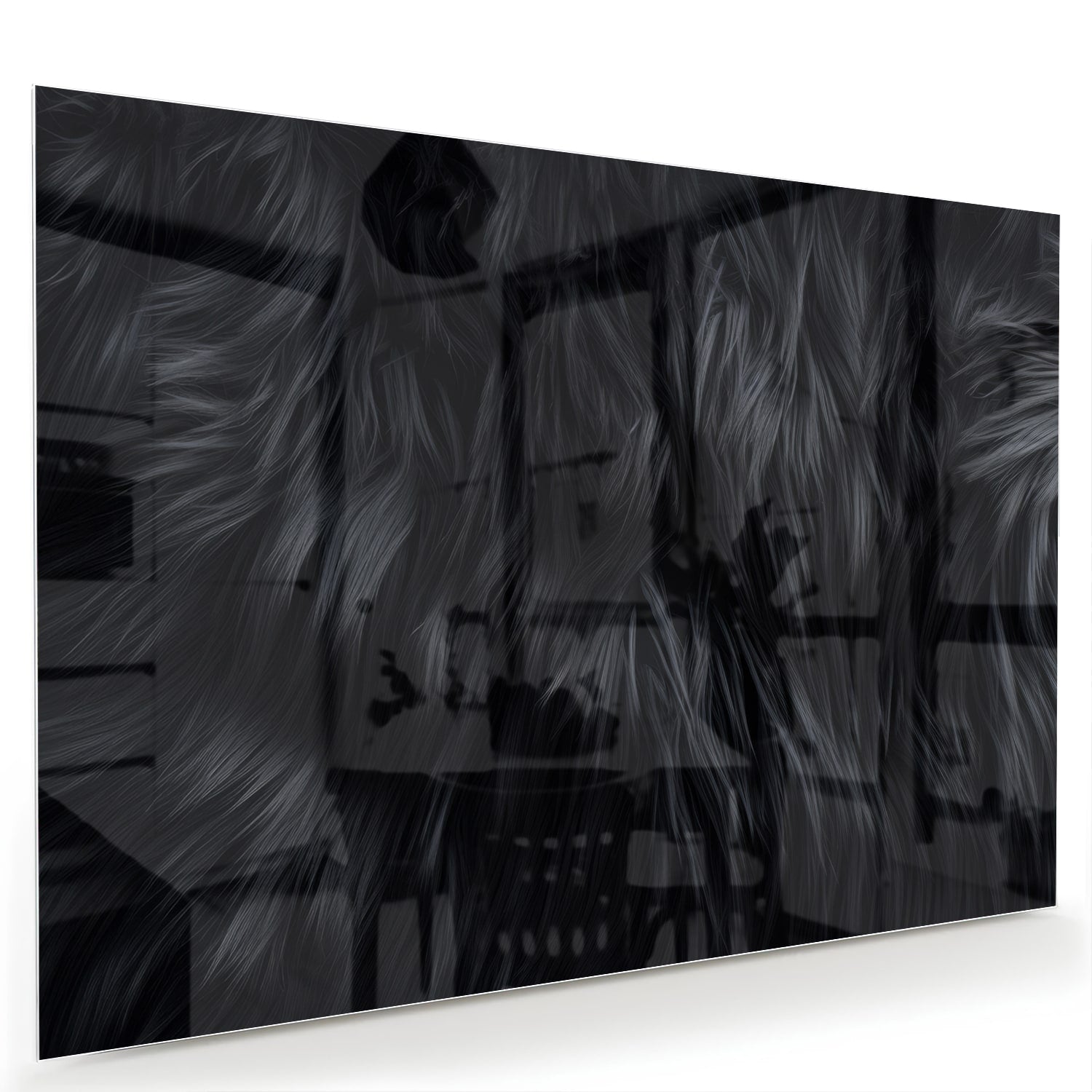 Zwart glazen schilderij met abstracte patronen aan de muur