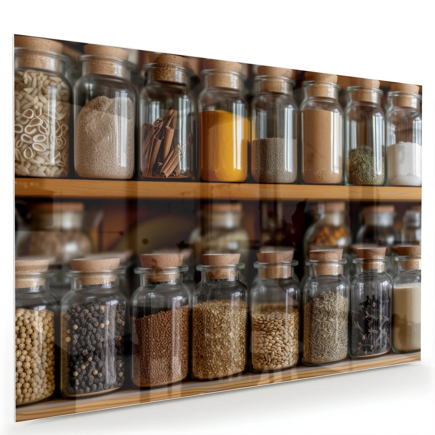 Glazen schilderij met een houten plank vol Mason jars gevuld met specerijen.