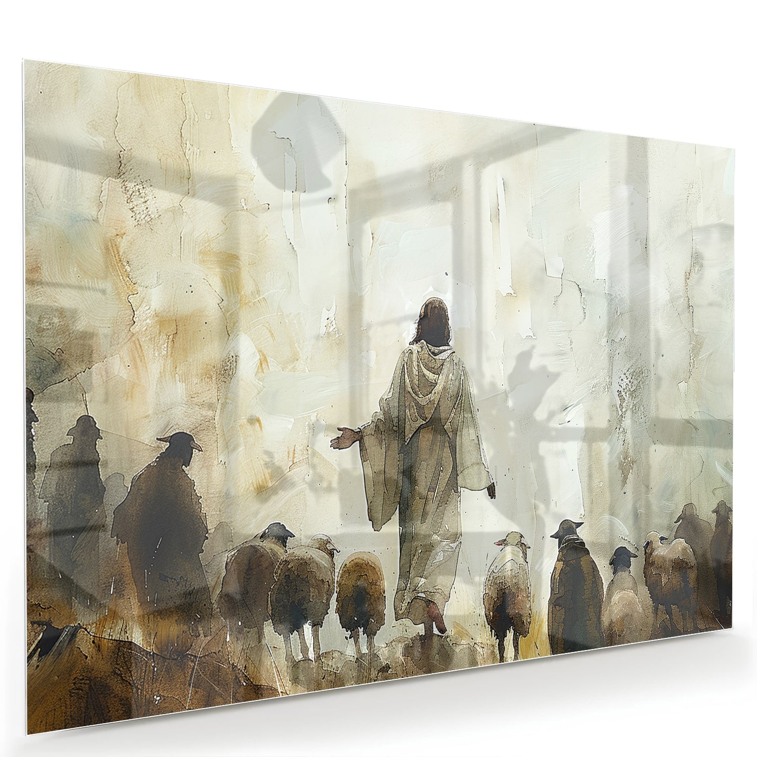 Glazen schilderij van een geestelijke die schapen leidt in warme aardse kleuren.