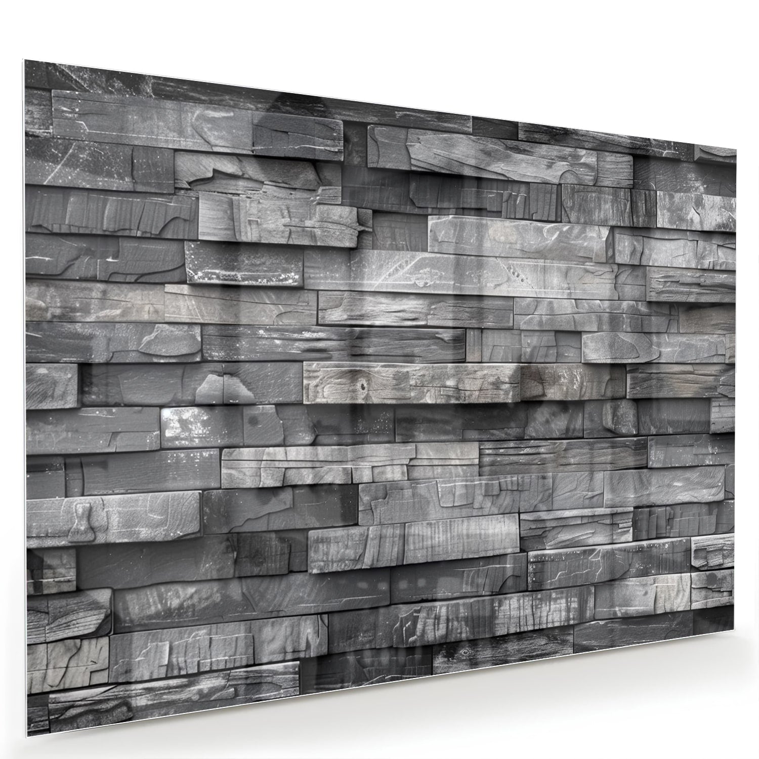 Moderne glazen schilderij met grijze texturen aan een lichte muur.