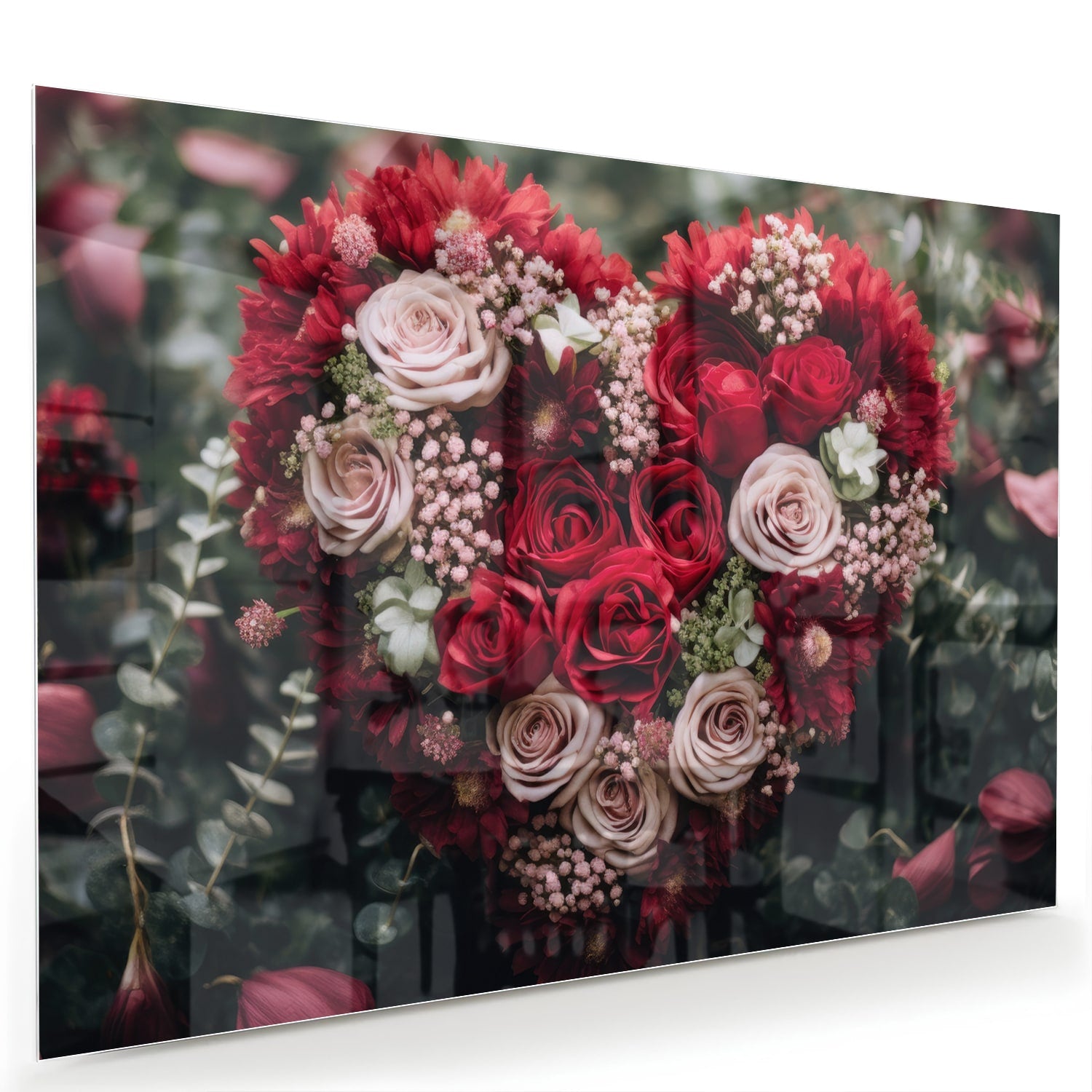 Glazen schilderij met hartvormige bloemmotieven in rood en roze
