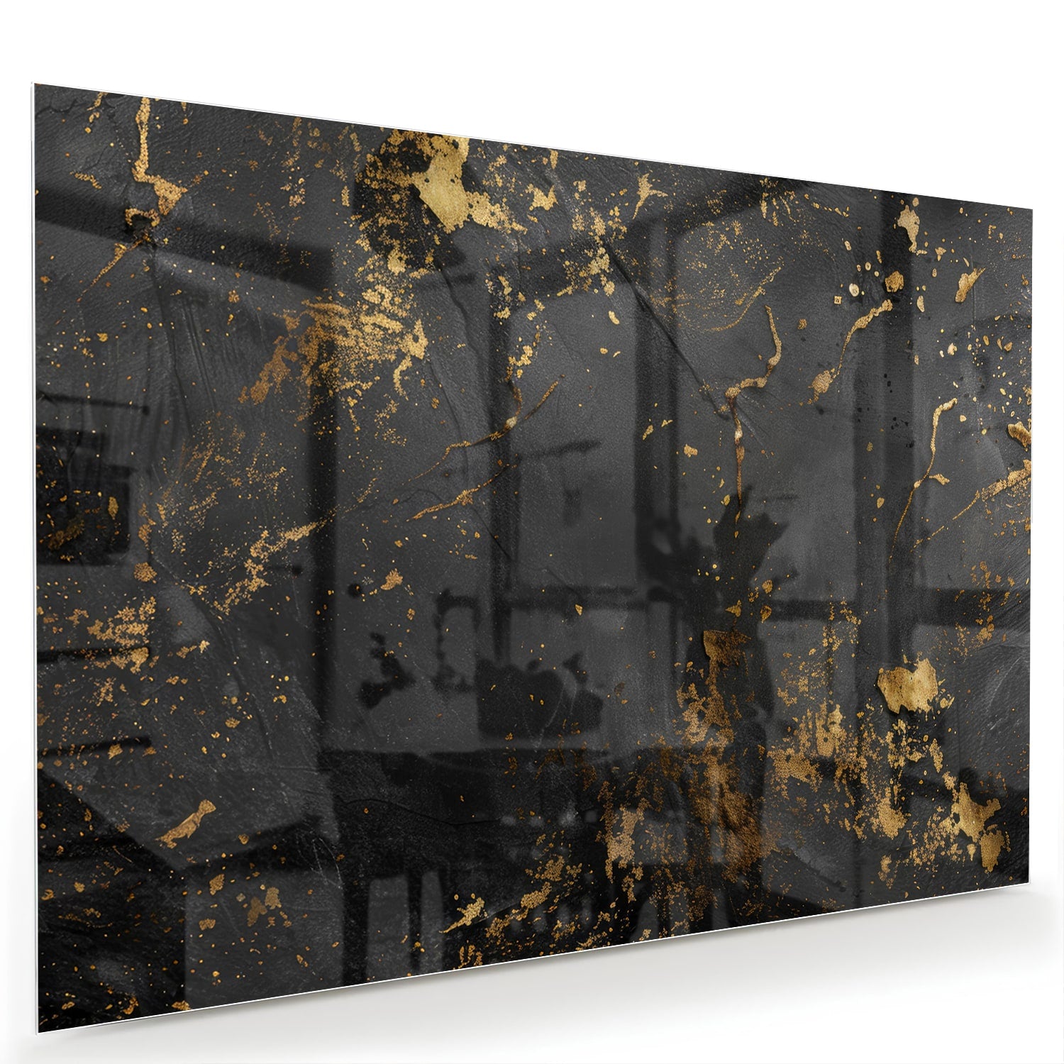 Modern glazen schilderij met abstracte gouden spatten op een zwarte achtergrond.
