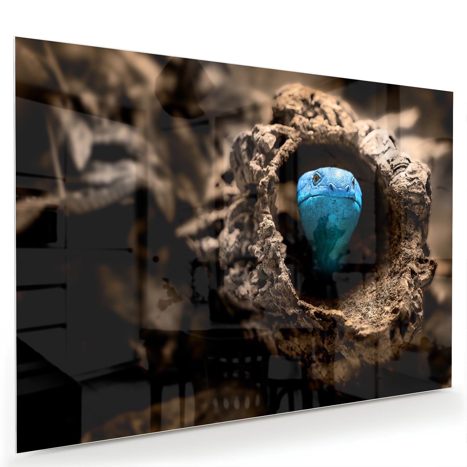 Glas schilderij met een blauwe parel in een nest, stijlvol en modern.