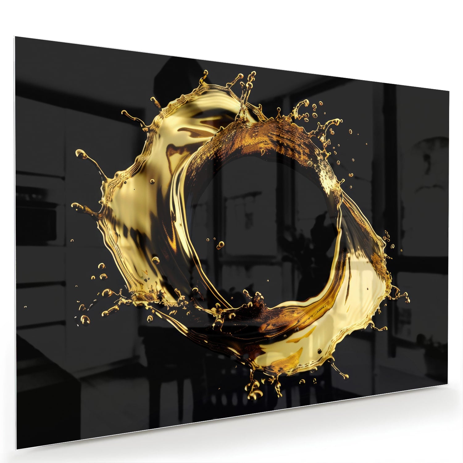 Luxe glazen schilderij met gouden spatten op zwarte achtergrond