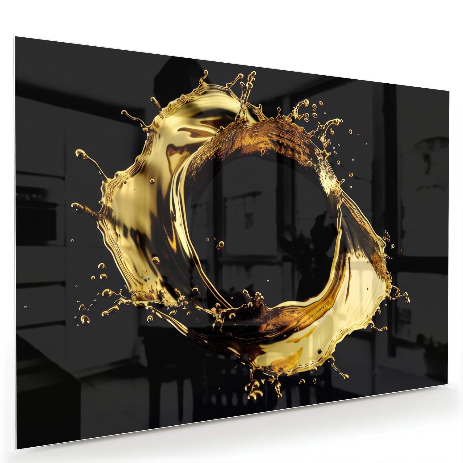 Luxe glazen schilderij met gouden spatten op zwarte achtergrond