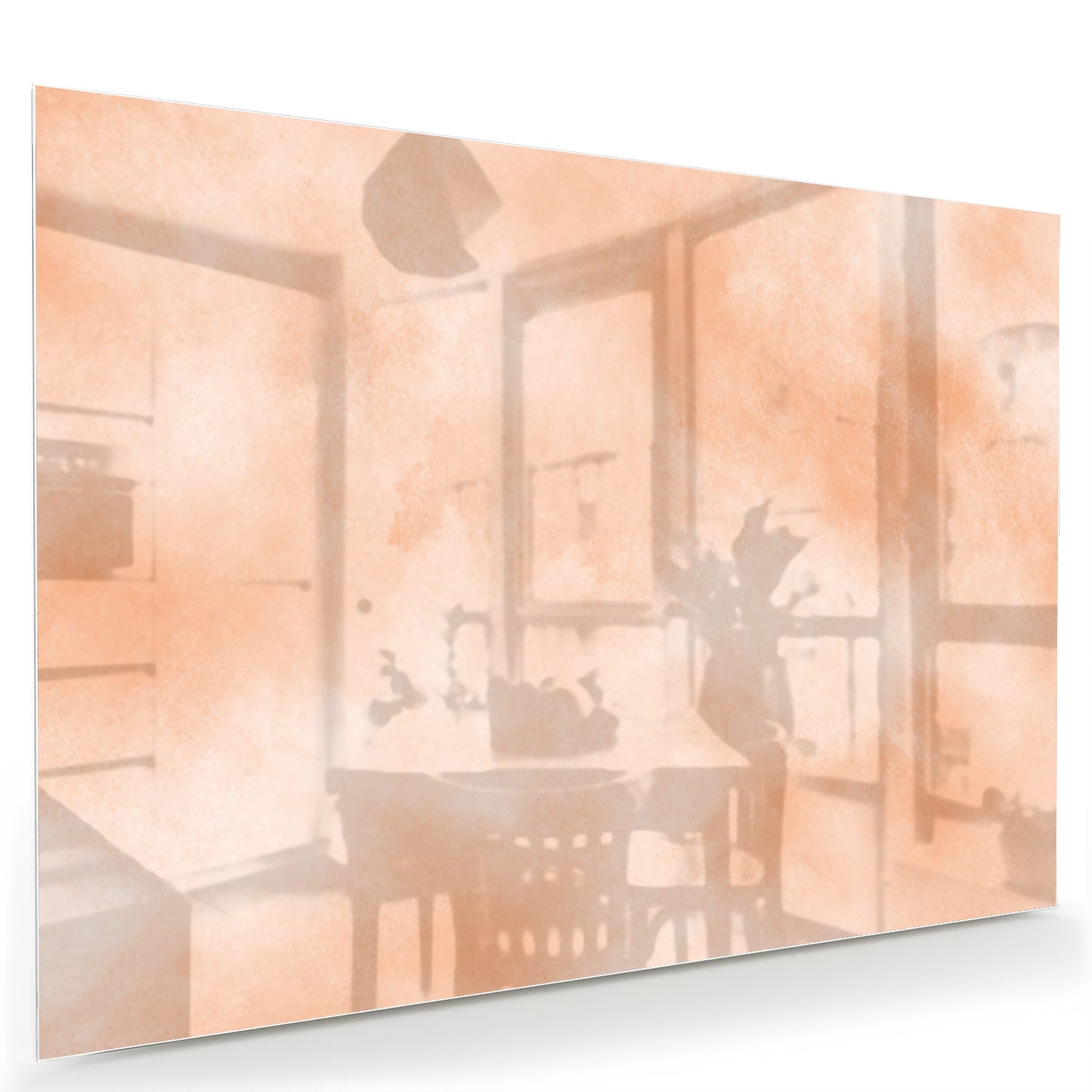 Glas schilderij in warme aardetinten hangt boven een houten kast in een moderne woonkamer.