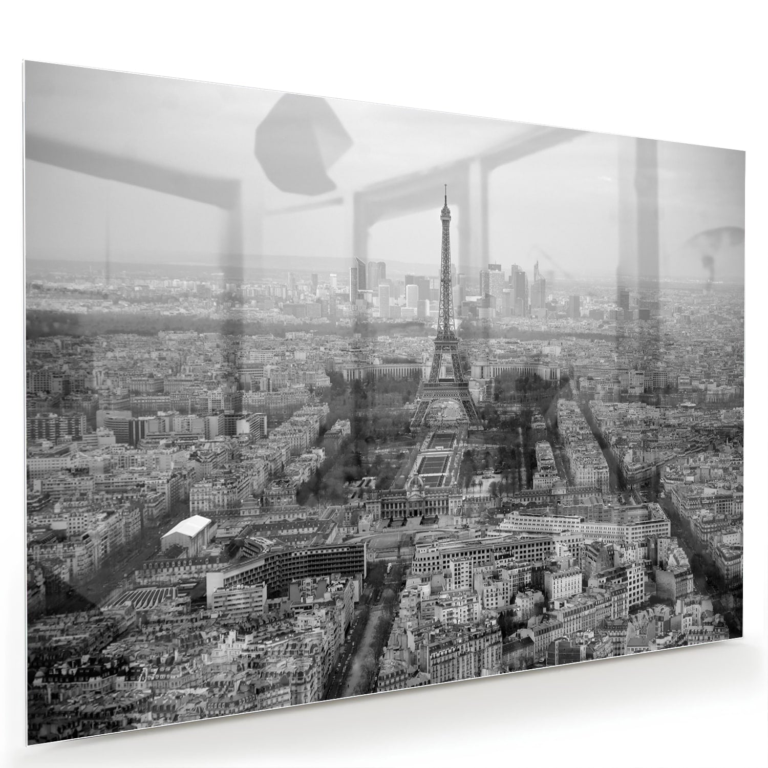 Zwart-wit glazen schilderij met uitzicht op de Eiffeltoren in Parijs