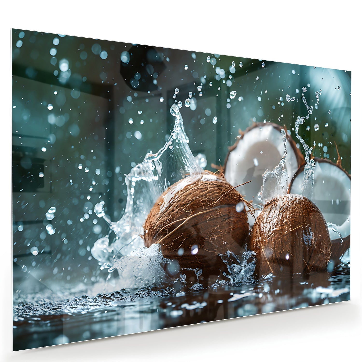 Glas schilderij van kokosnoten met spetters water, perfect voor wanddecoratie.