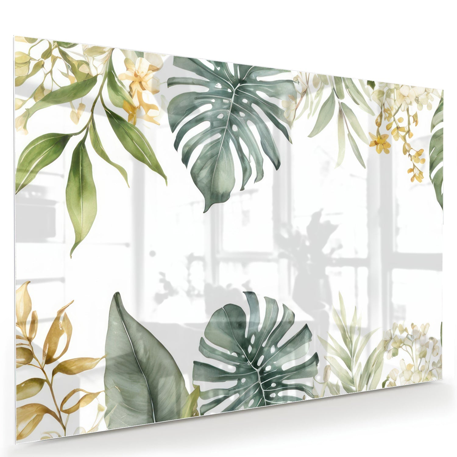 Glazen schilderij met tropische bladeren en botanische elementen aan een witte muur.