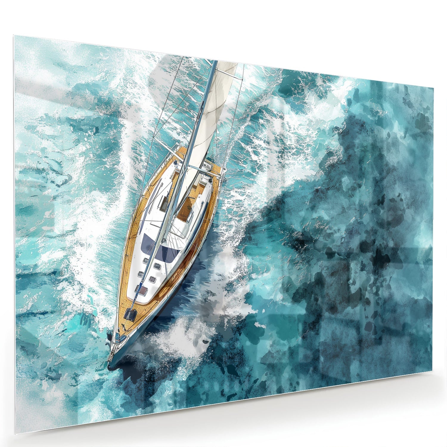 Glazen schilderij van een jacht die over een turquoise zee vaart.
