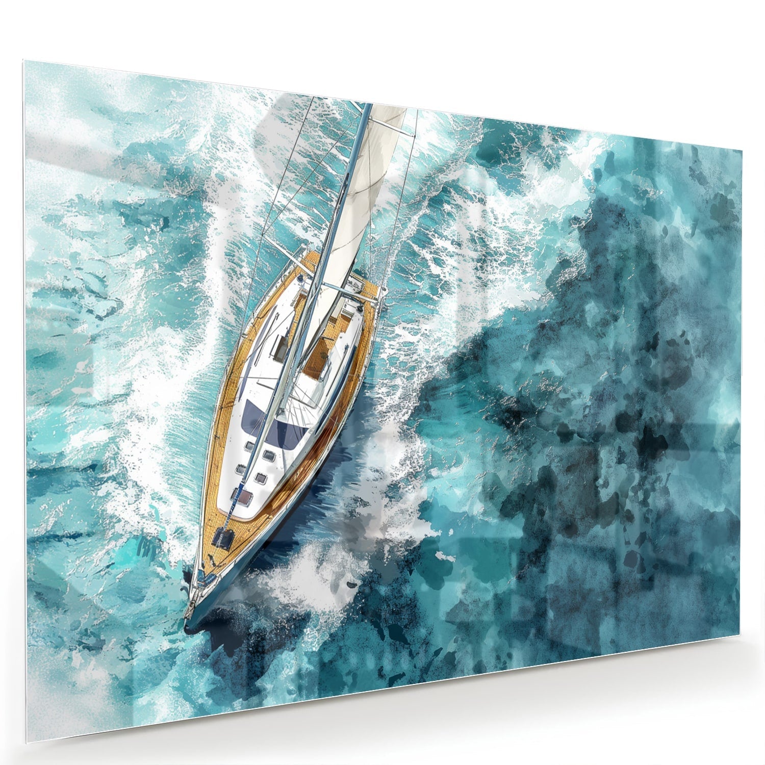 Glazen schilderij van een jacht die over een turquoise zee vaart.