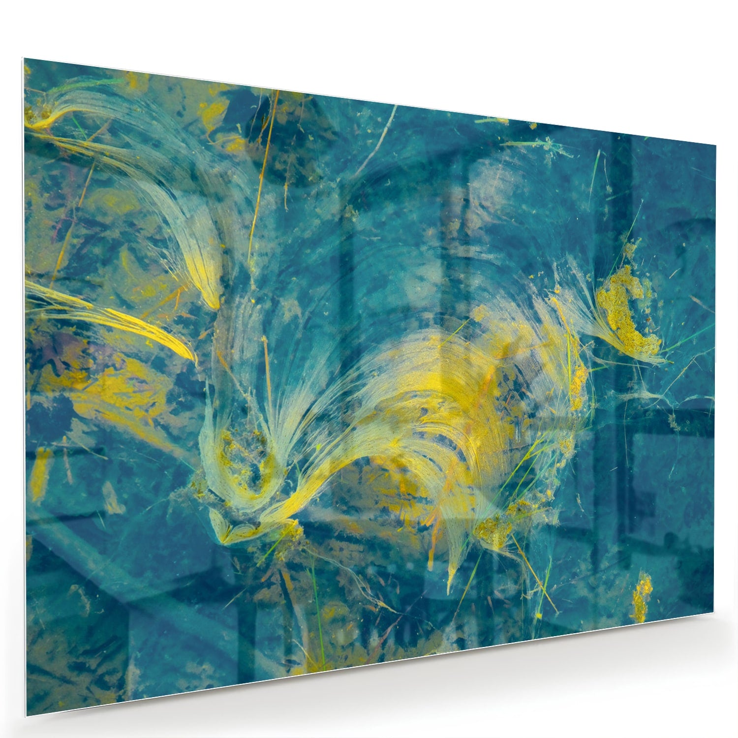 Abstract glazen schilderij met blauw en geel dat aan de muur hangt