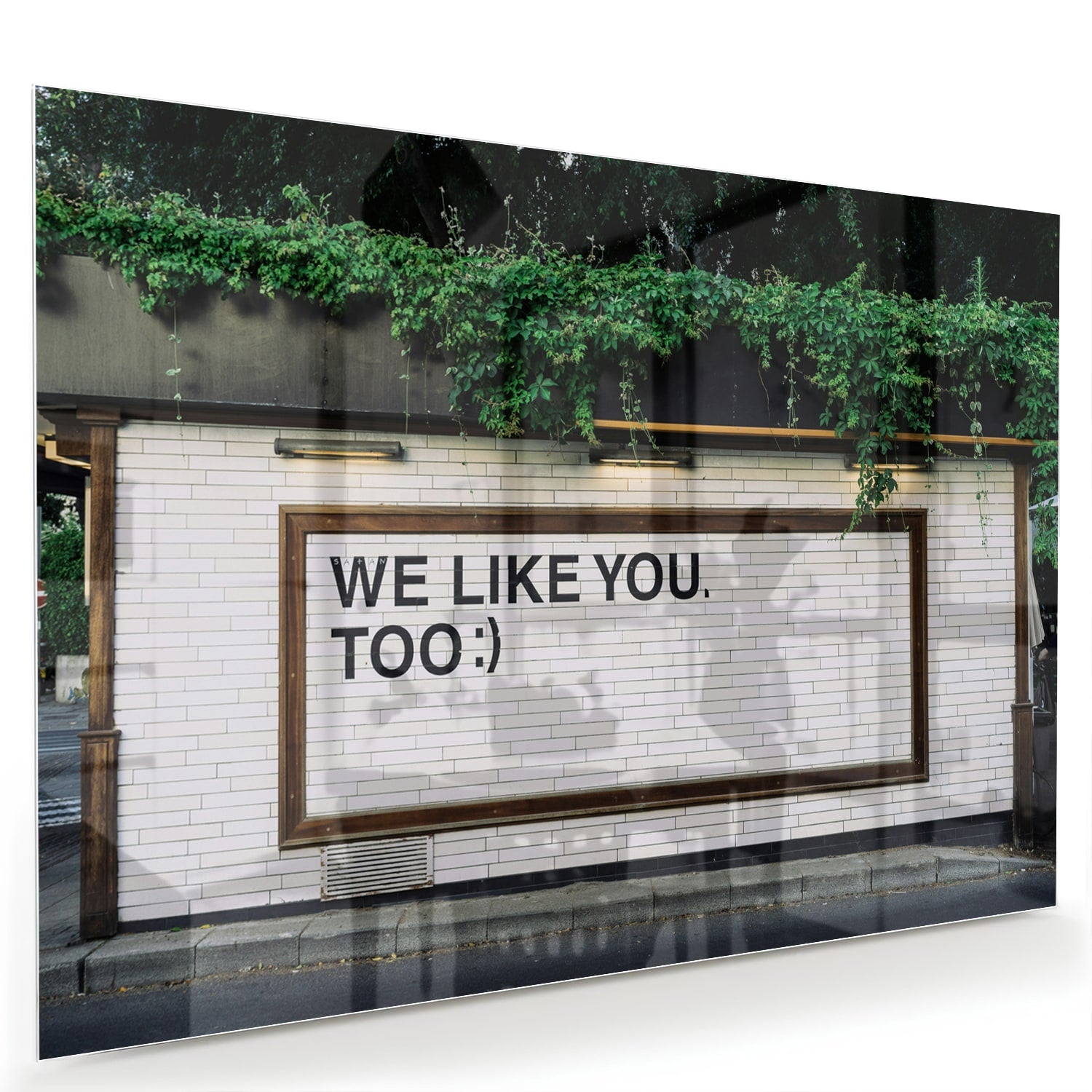 Glas schilderij met de tekst 'We Like You Too' en groene planten achtergronden.