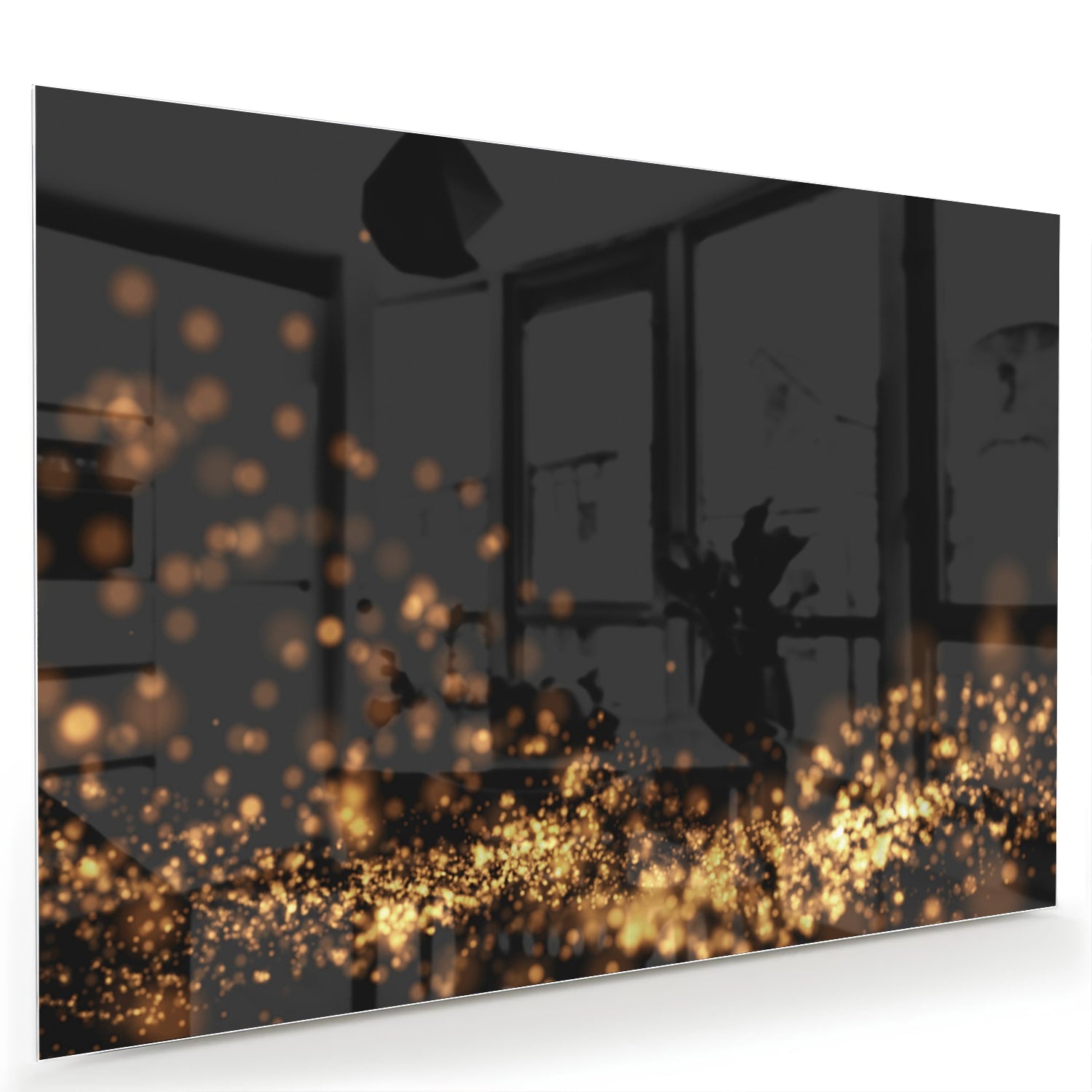 Glazen schilderij met gouden lichtpuntjes op een zwart vlak, ideaal voor moderne interieurs.
