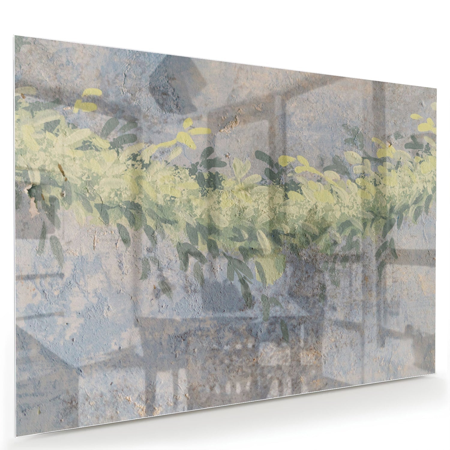 Glazen schilderij van gele bloemen in een lichte kamer