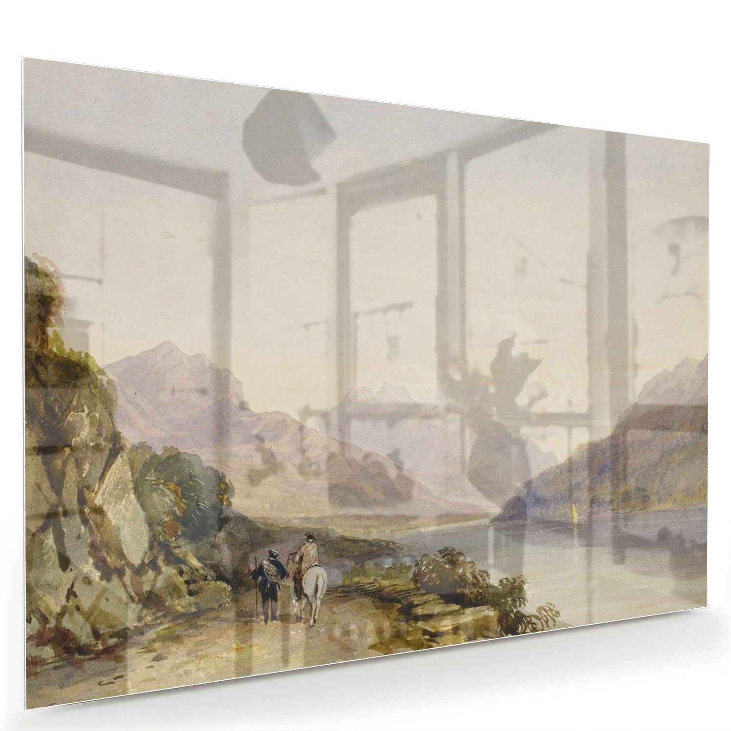 Glazen schilderij van een serene natuurlijke landschaapscne met bergen en water.