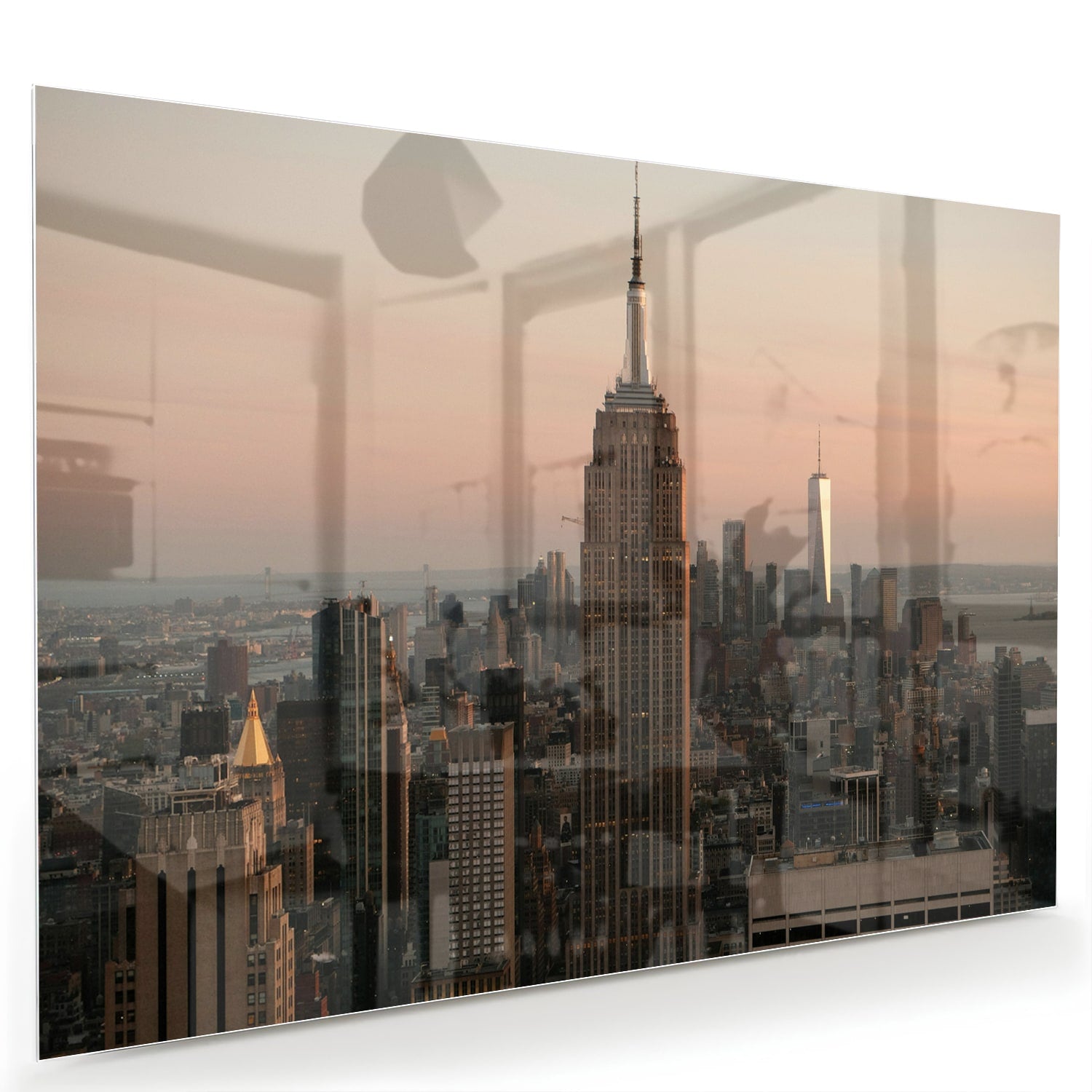 Glazen schilderij van de Empire State Building met een mooie zonsondergang