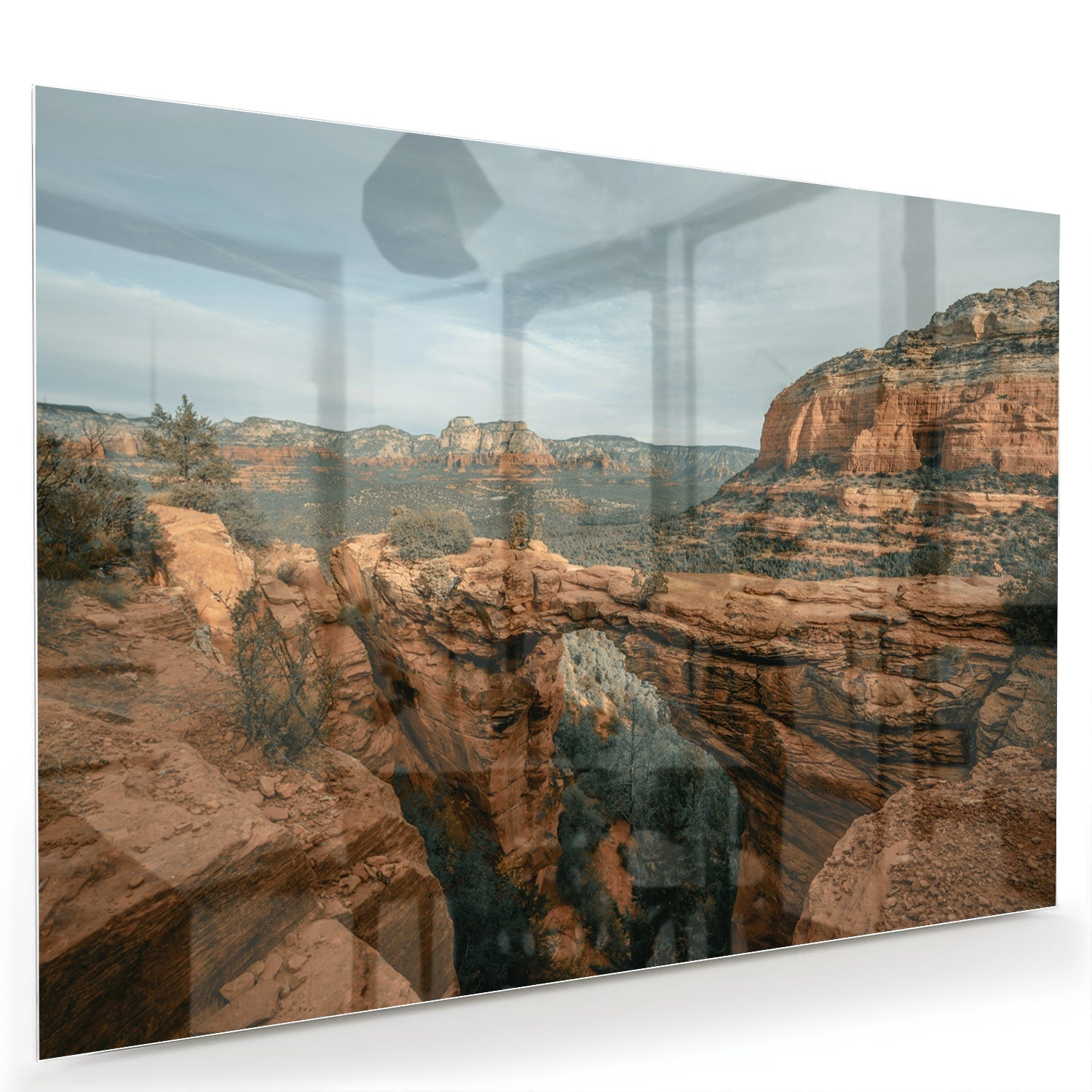 Glazen schilderij van berglandschap in warme aardetinten