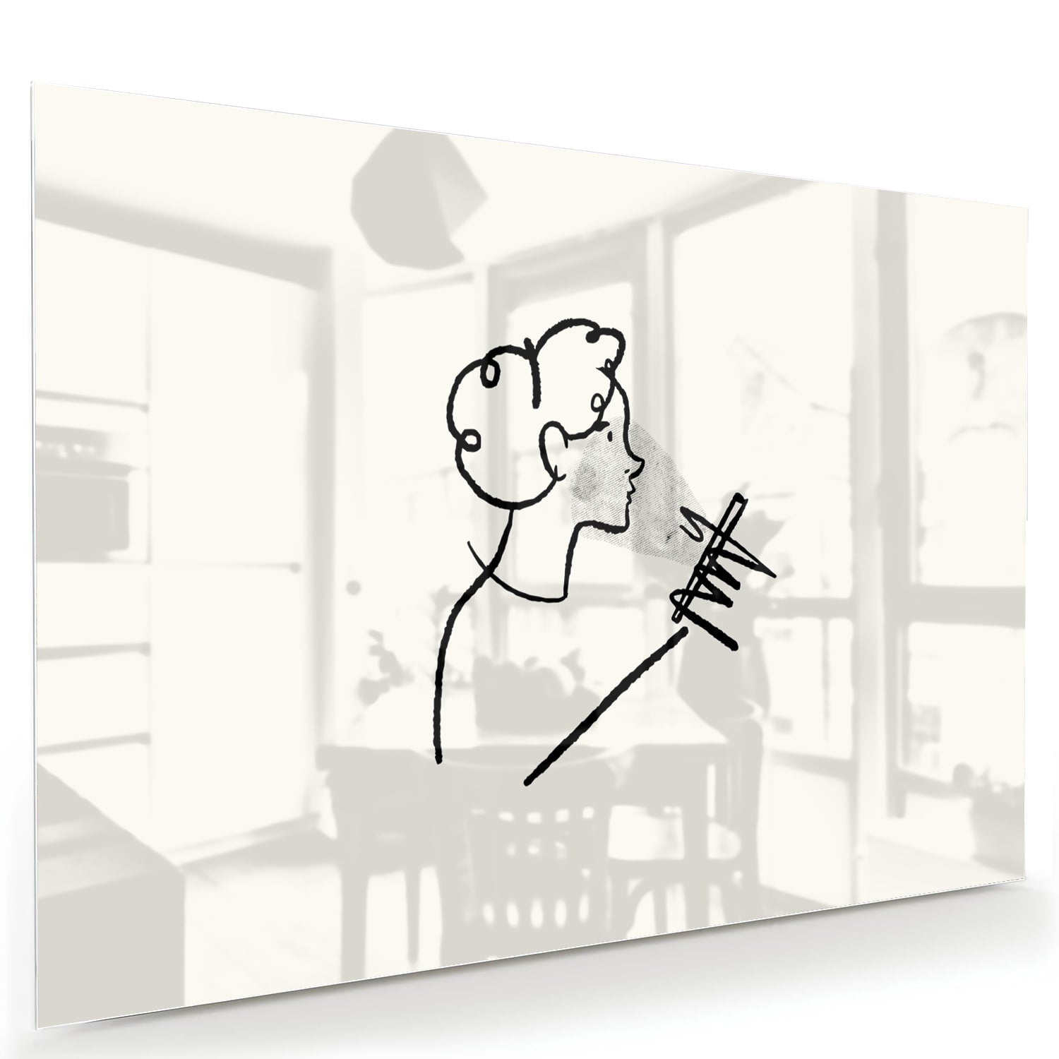 Minimalistisch glazen schilderij met abstracte lijntekening van een figuur.