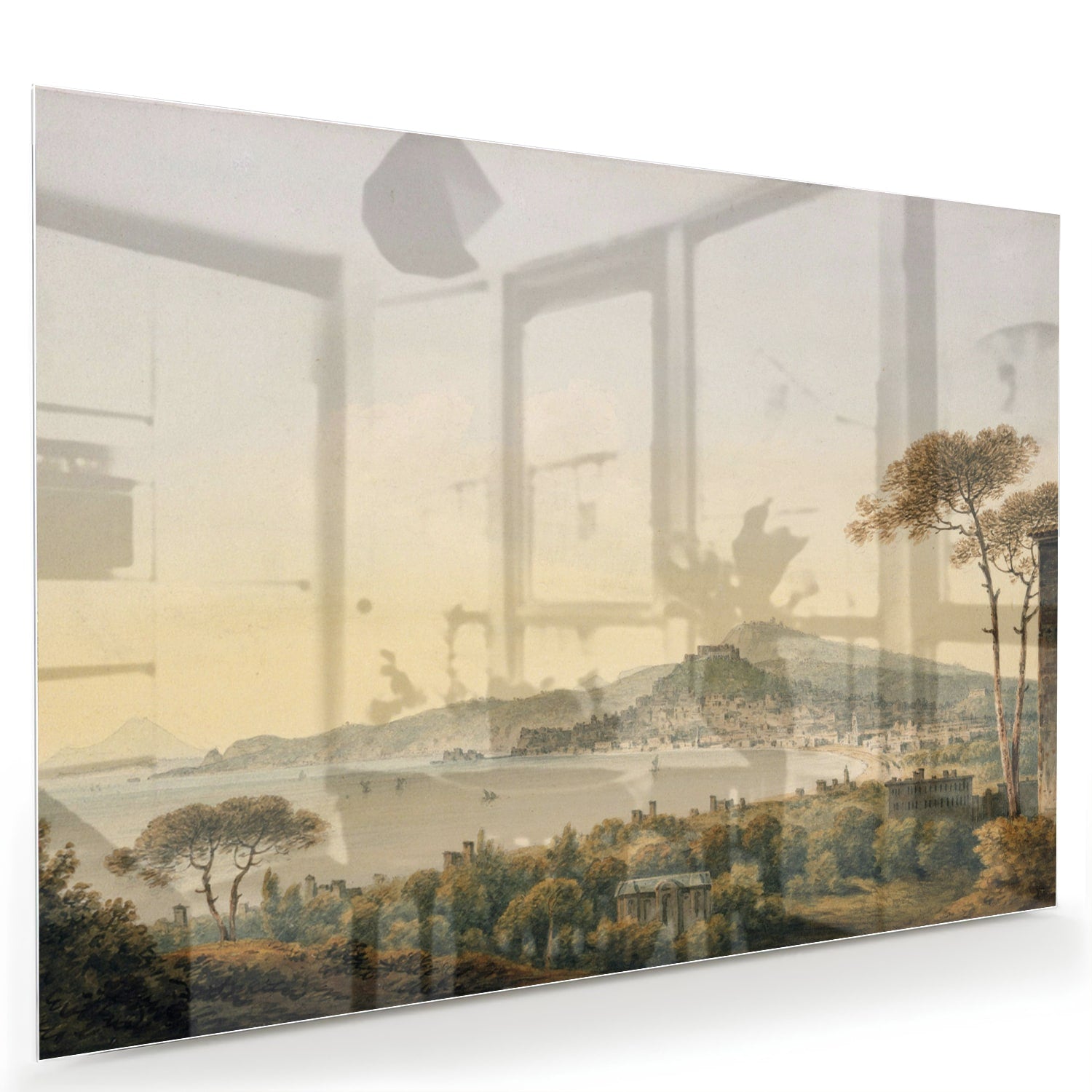 Glazenschilderij van een rustiek landschap met bergen en zonsopgang.