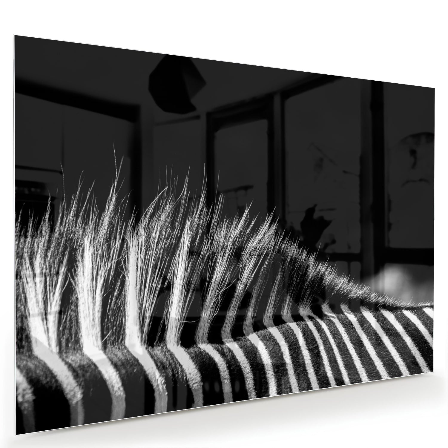 Een modern zwart-wit glazen schilderij met naadloze lijnen aan de muur.