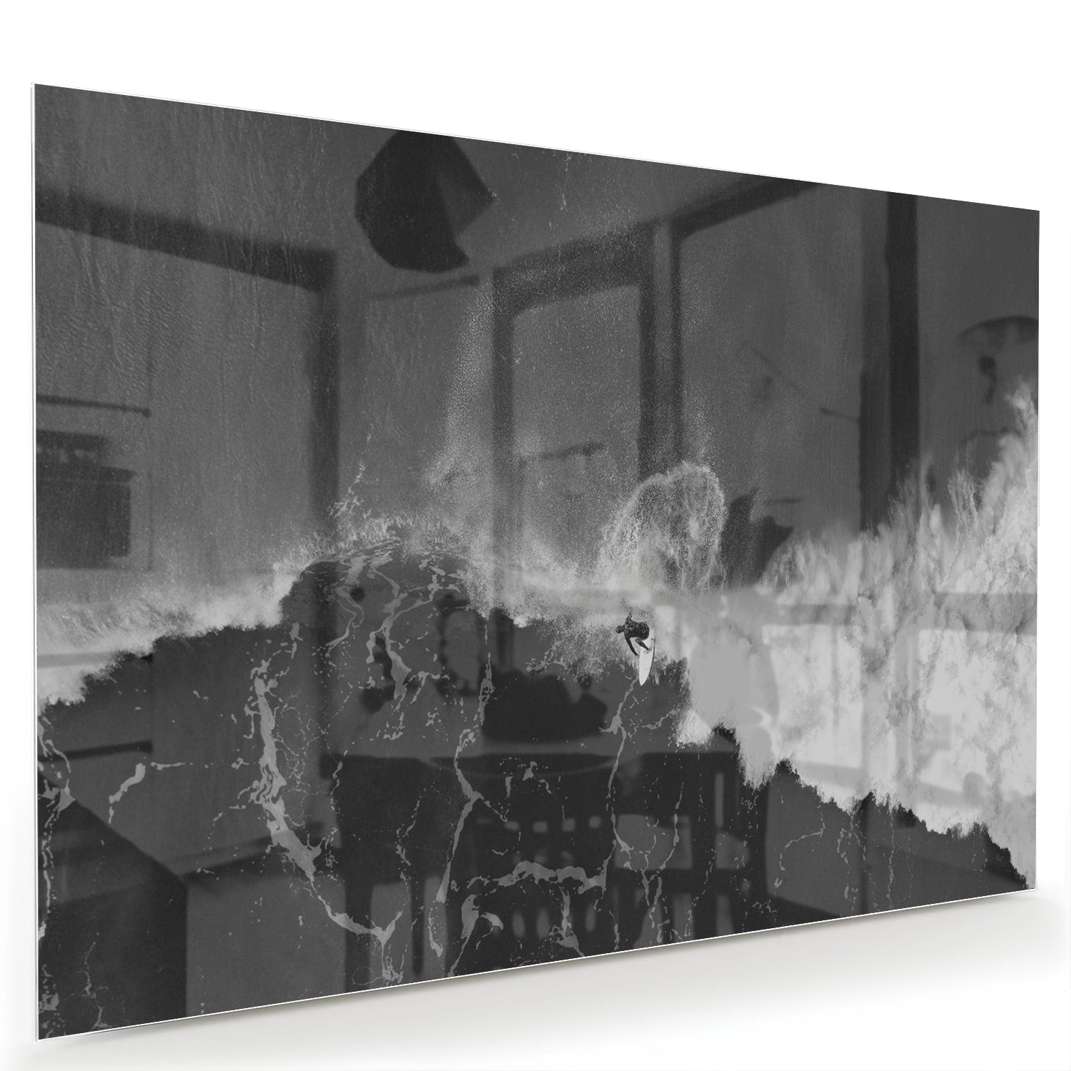 Abstract glazen schilderij in zwart-wit, perfect voor moderne interieurs.