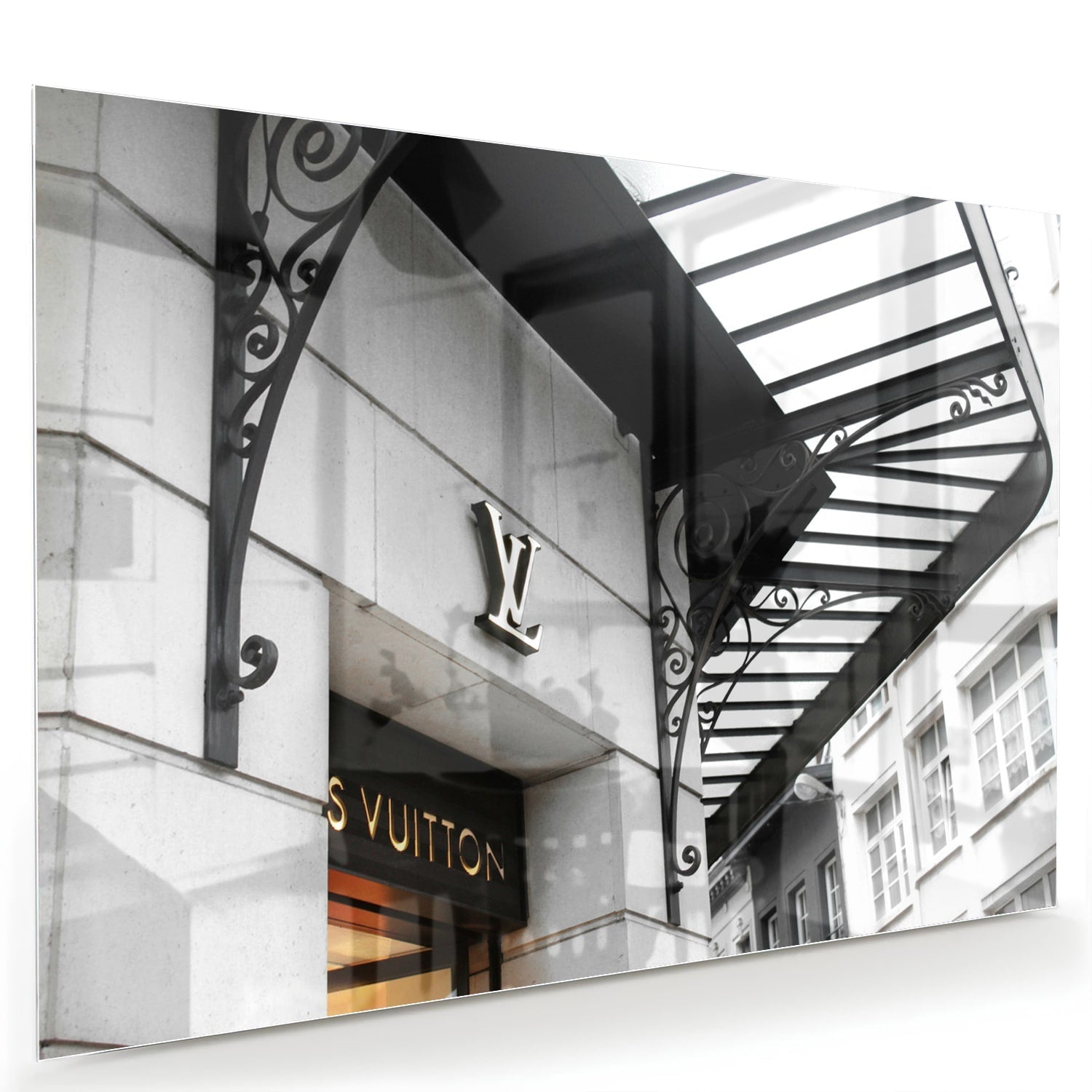 Glazen schilderij van luxe boetiek in zwart-wit, perfecte wanddecoratie.