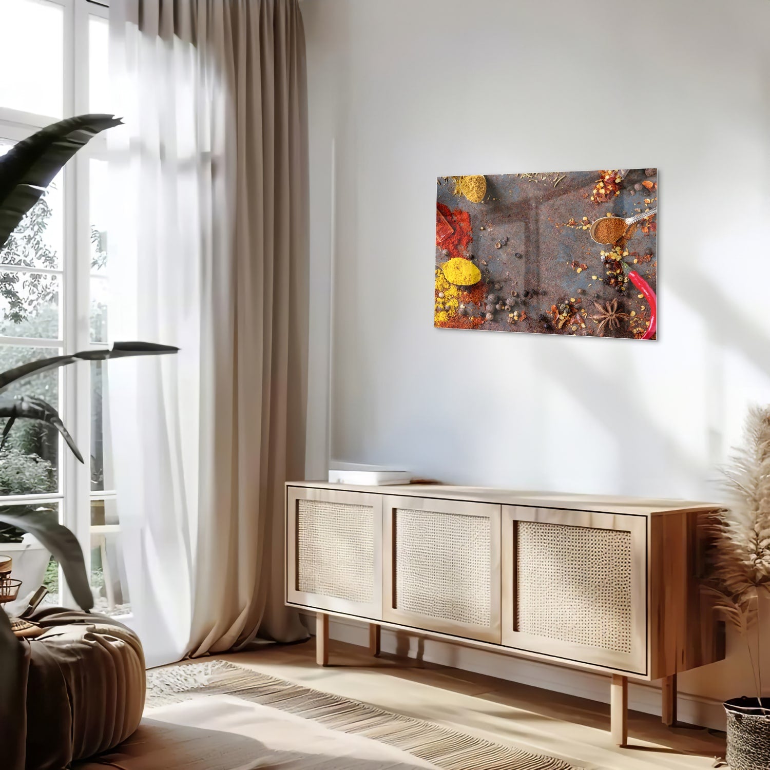 Een kleurrijk glazen schilderij met specerijen en kruiden, perfect voor keukeninrichting.