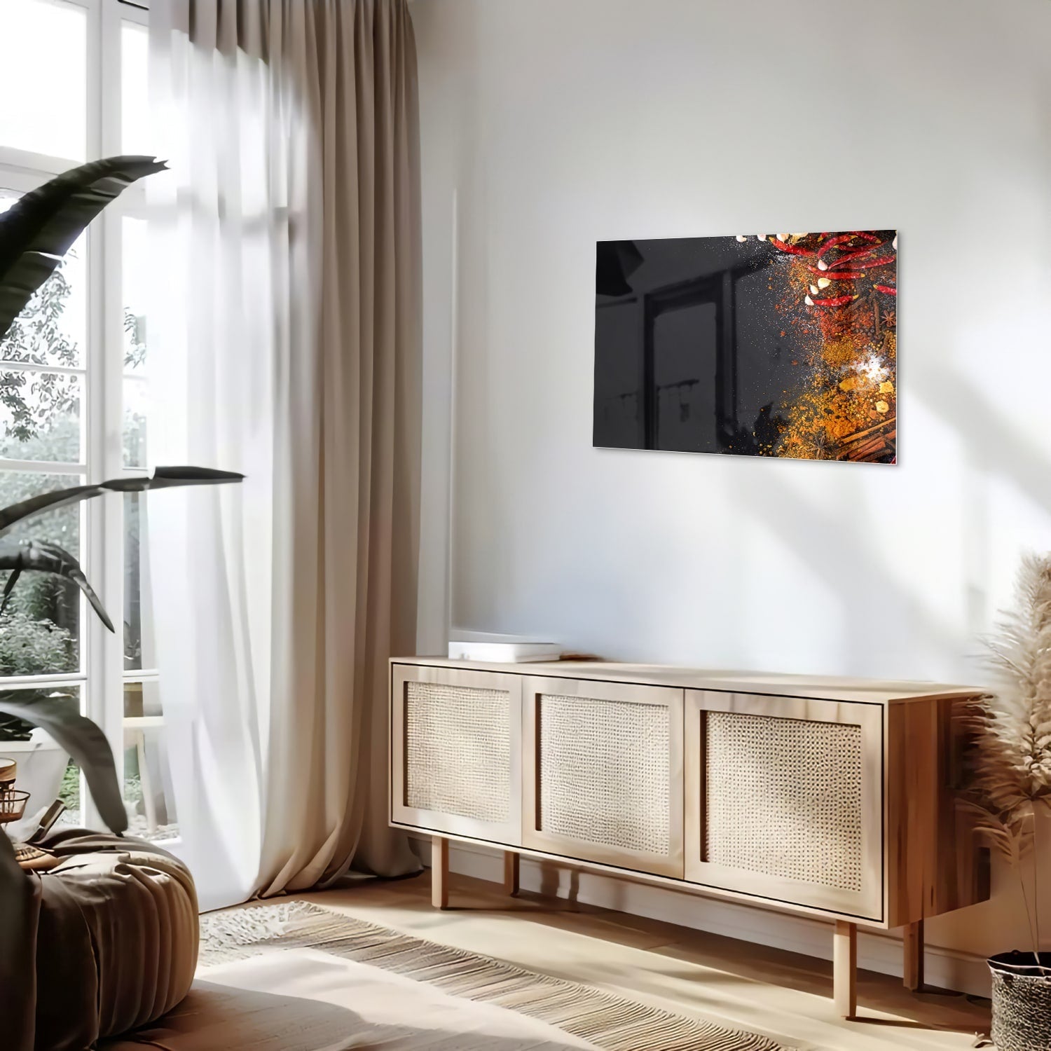 Abstract glazen schilderij met warme kleuren hangt aan de muur