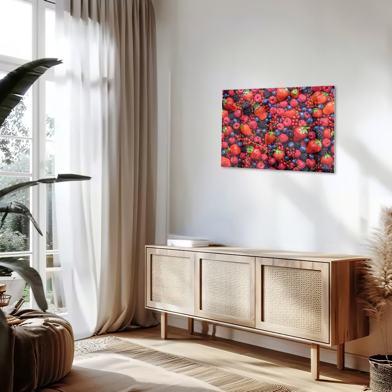 Glazen schilderij met een kleurrijke afbeelding van bessen en fruit
