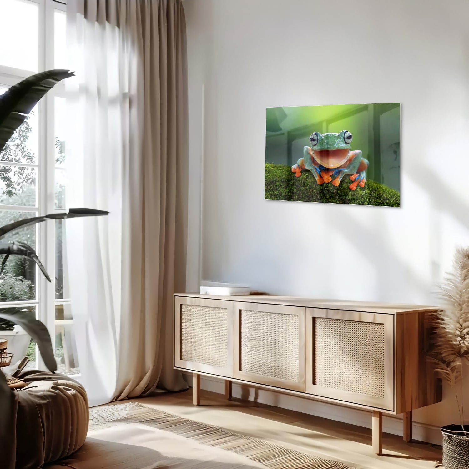 Glazen schilderij van een vrolijke boomkikker op een groene achtergrond