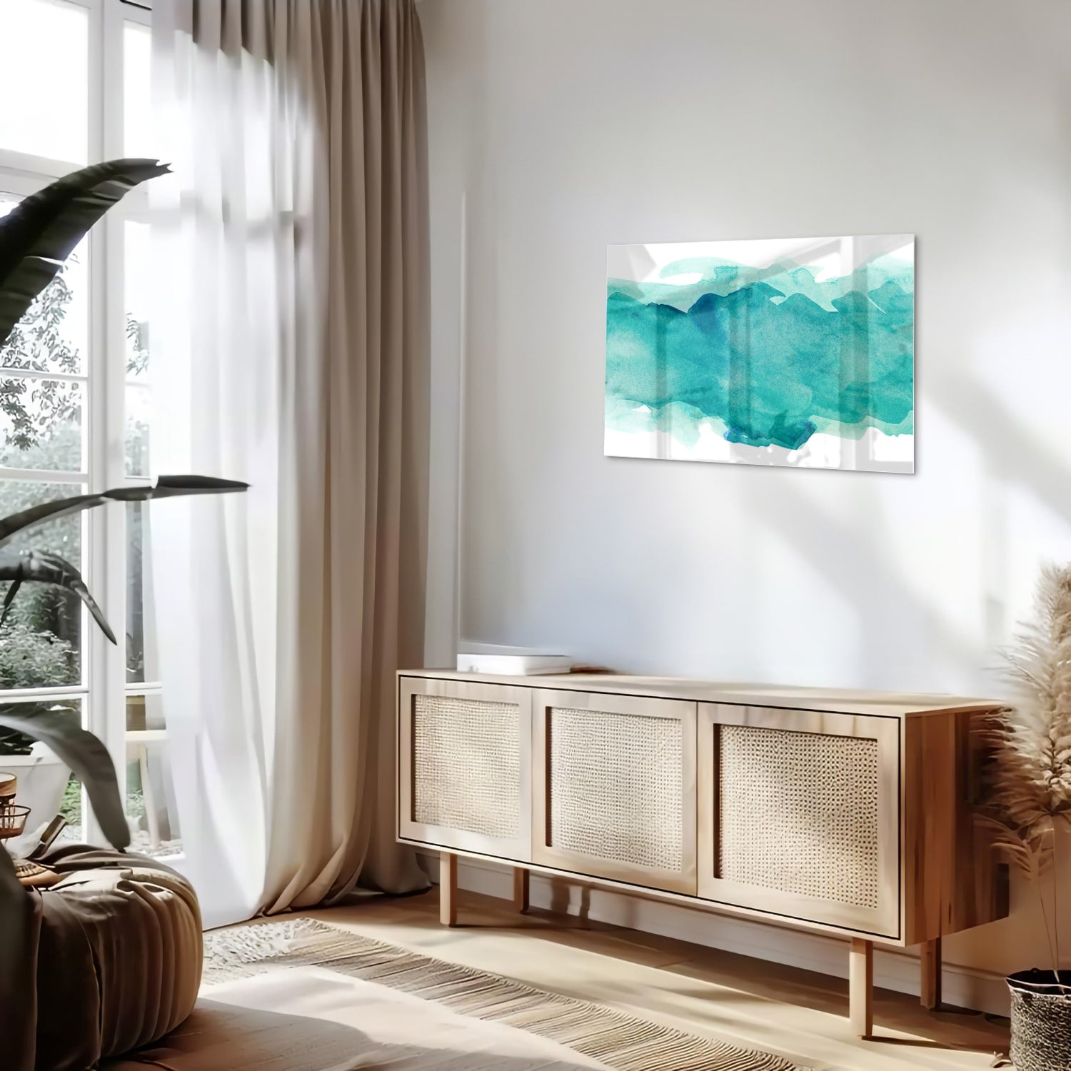 Abstract glazen schilderij met turquoise tinten, perfect voor moderne interieurs.