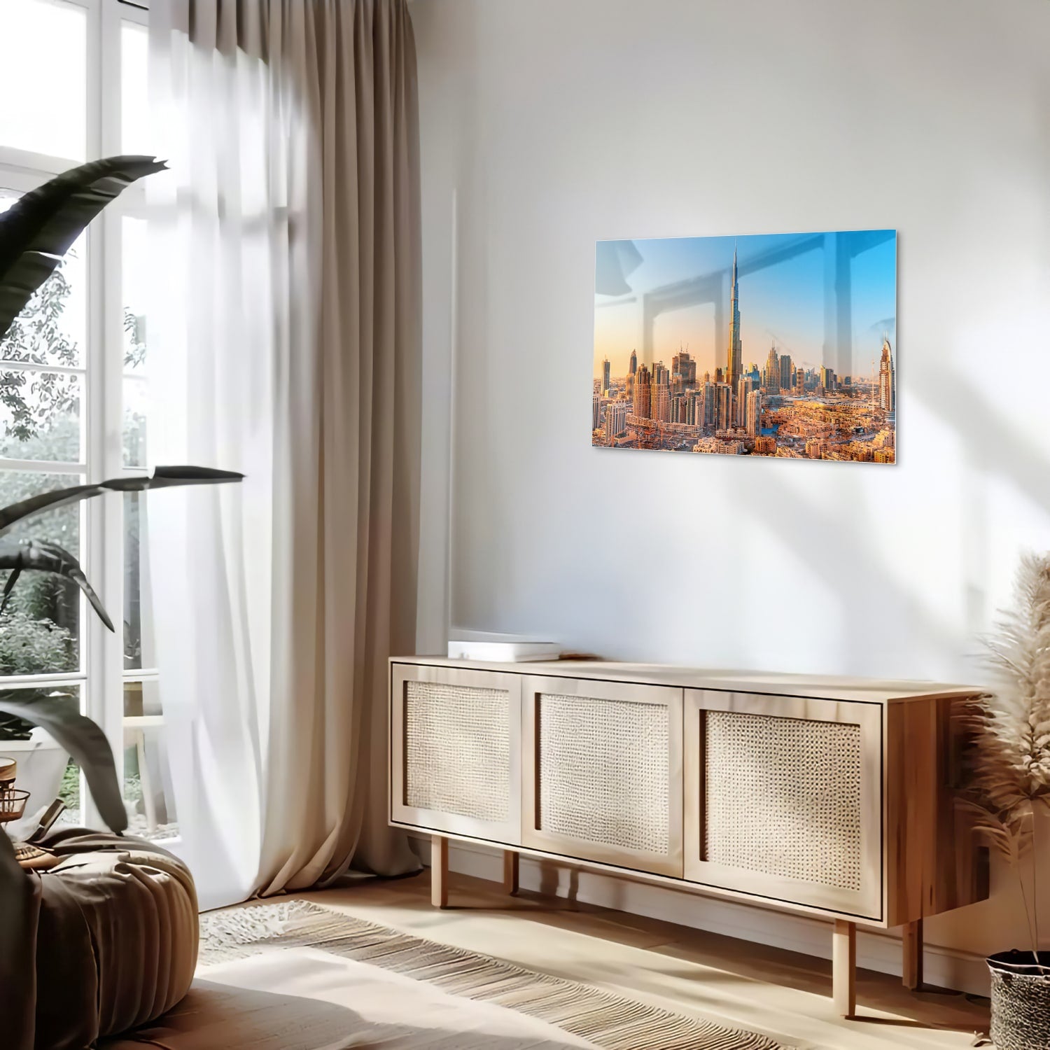Glazen schilderij van de skyline van Dubai met Burj Khalifa tijdens zonsondergang