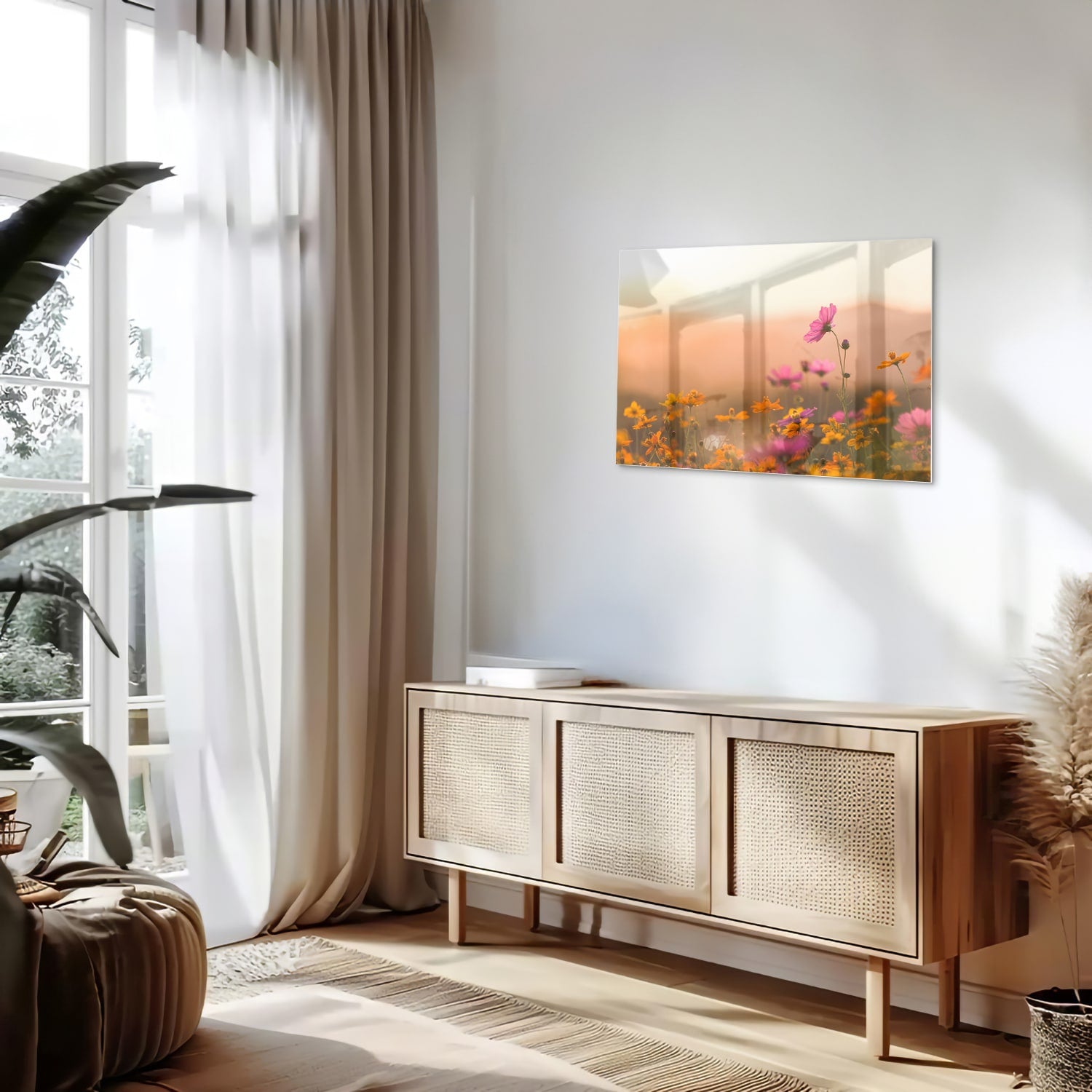 Glazen schilderij met kleurrijke bloemen tegen een pastelachtergrond.