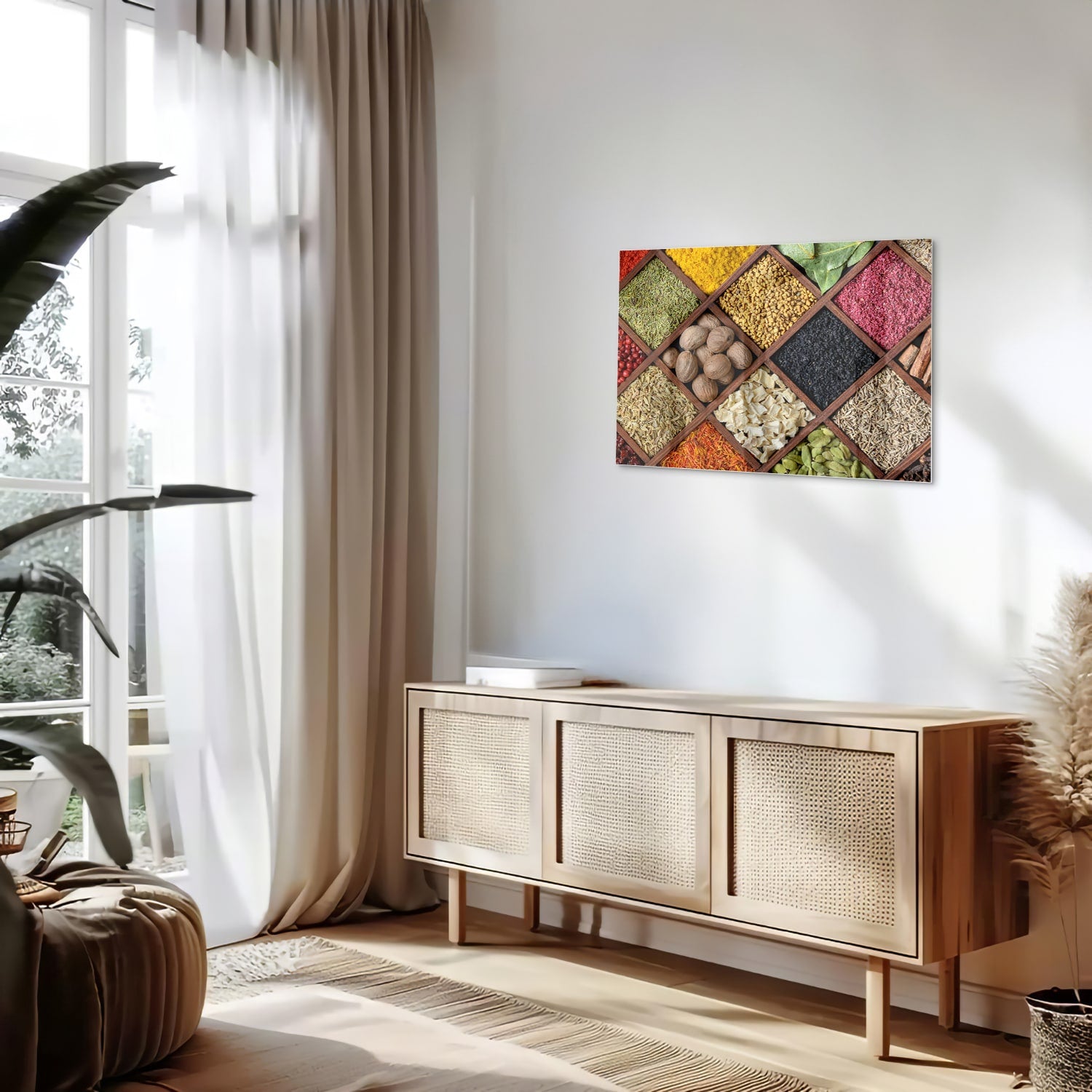 Kleurrijk glazen schilderij met verschillende specerijen in vakken