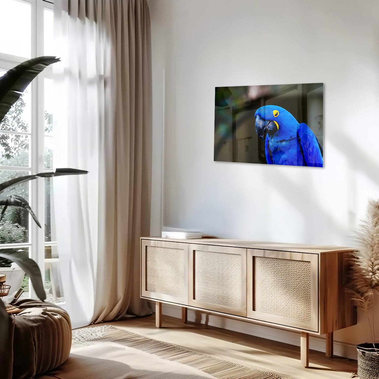 Glazen schilderij van een blauwe ara, ideaal voor wanddecoratie.
