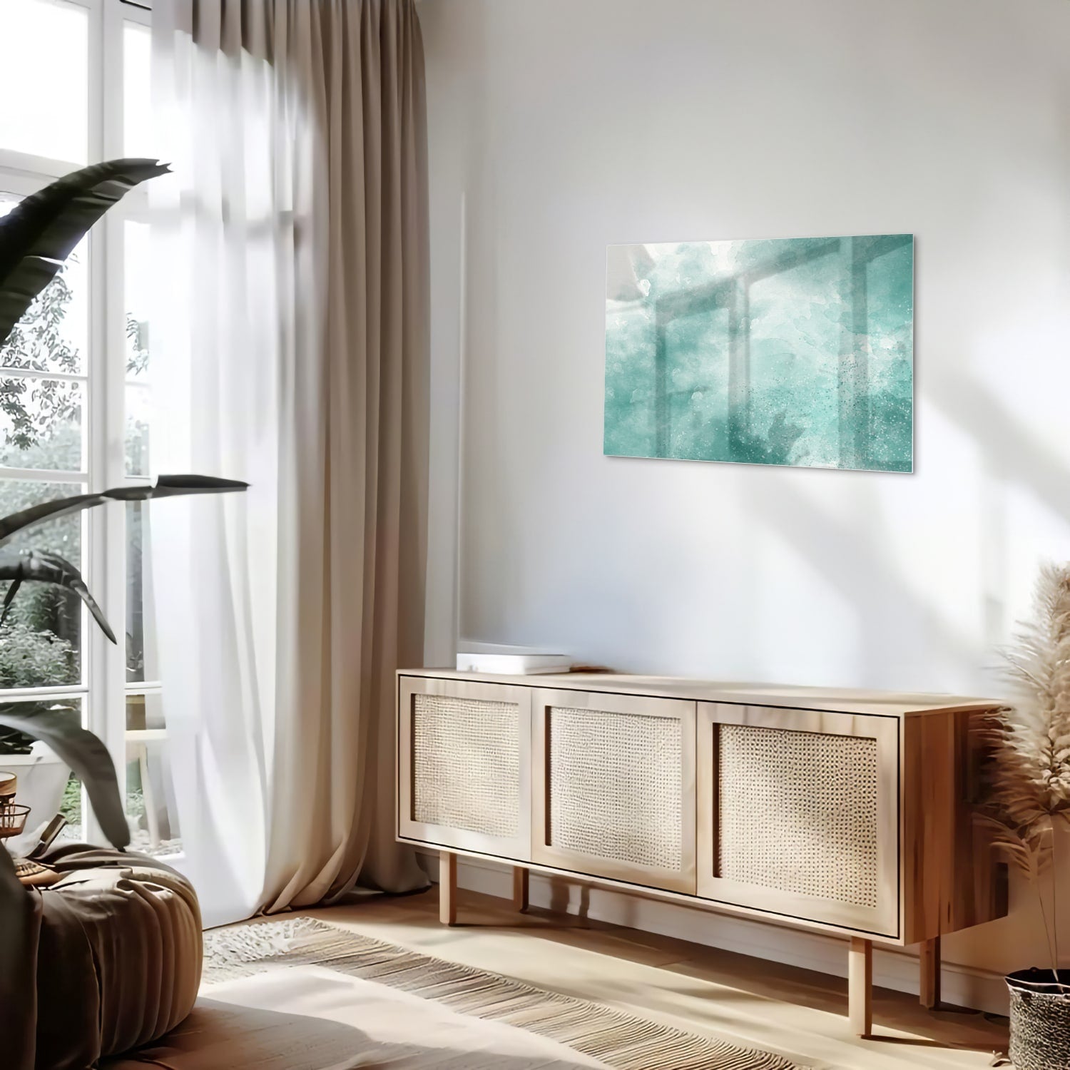 Abstract glazen schilderij in aquablauw kleur, past mooi in een modern interieur.