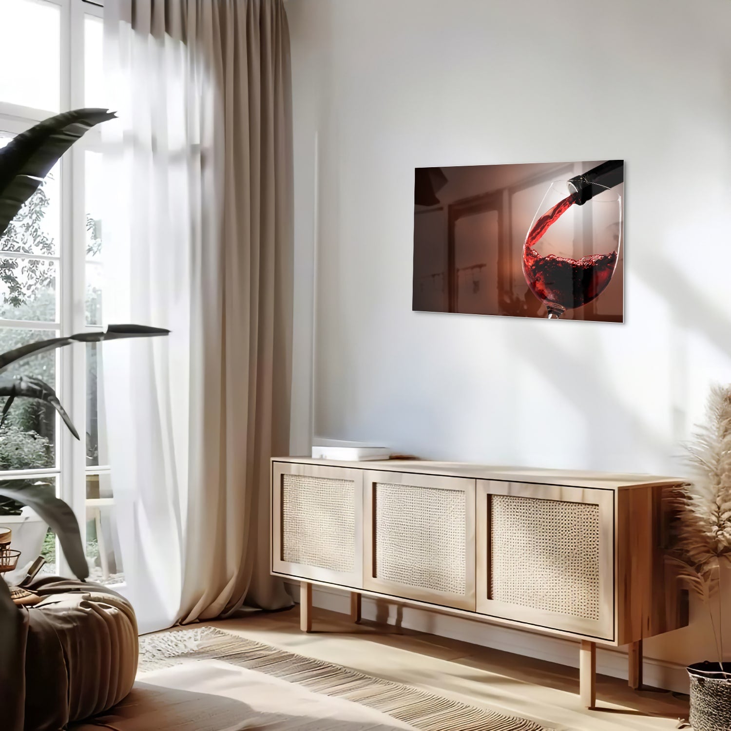 Glazen schilderij van een rode wijn die in een glas wordt ingeschonken, zichtbaar in een moderne woonkamer.