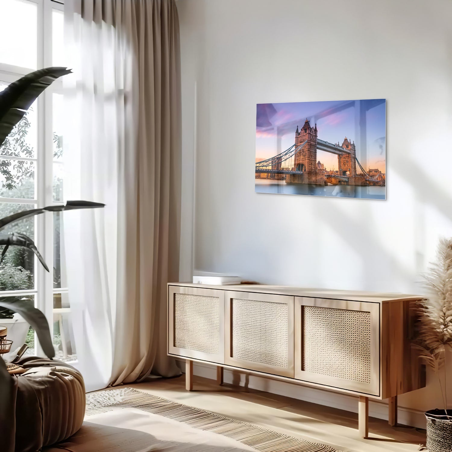 Glas schilderij van de Tower Bridge in Londen met een zonsondergang op de achtergrond.