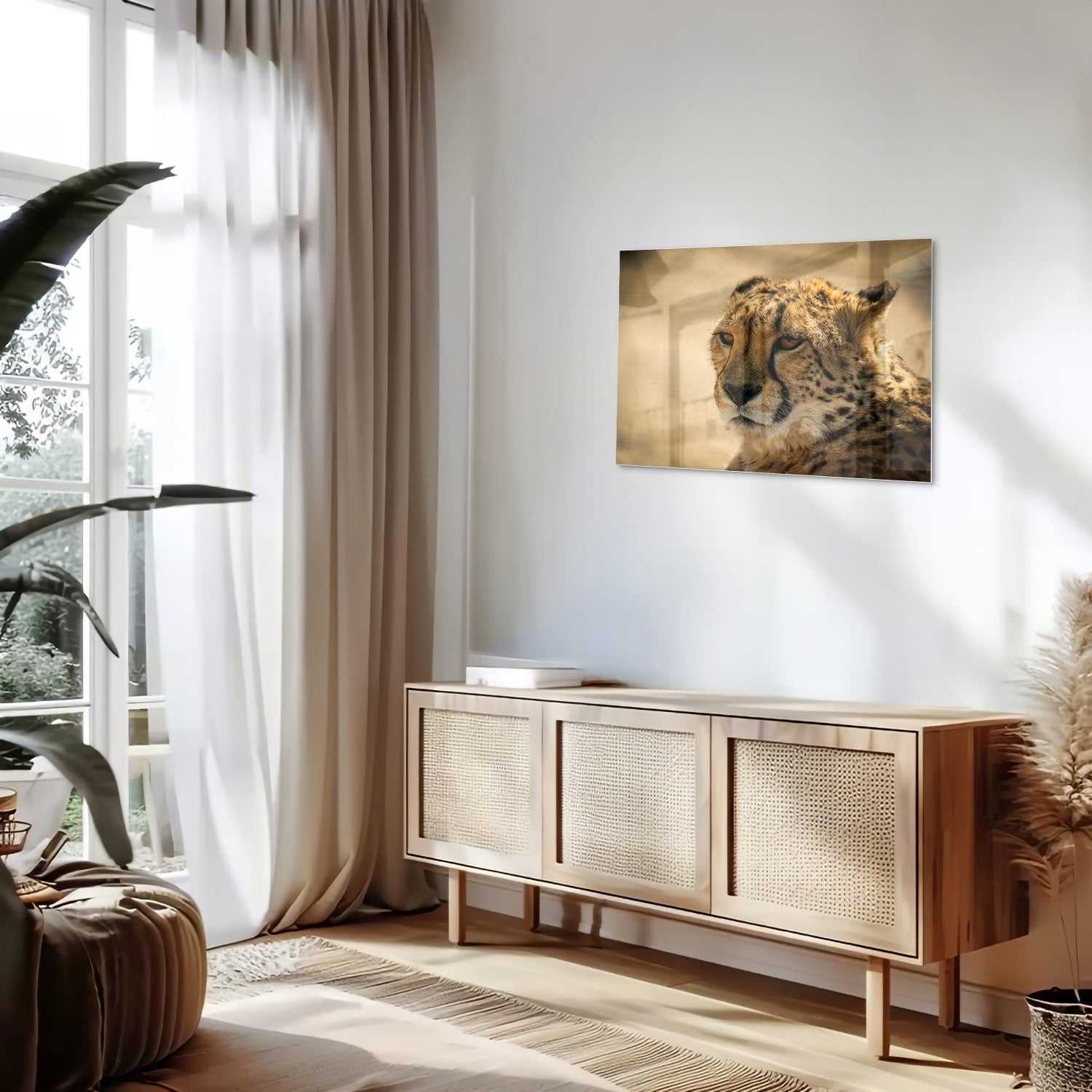 Glazen schilderij van een luipaard hangt aan de muur in een stijlvolle woonkamer.