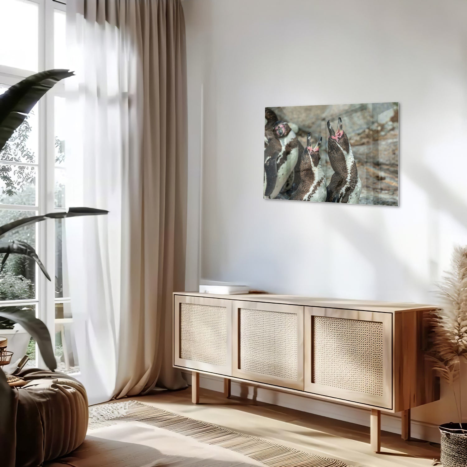Glas schilderij met vrolijke pinguns op een muur in een modern interieur.