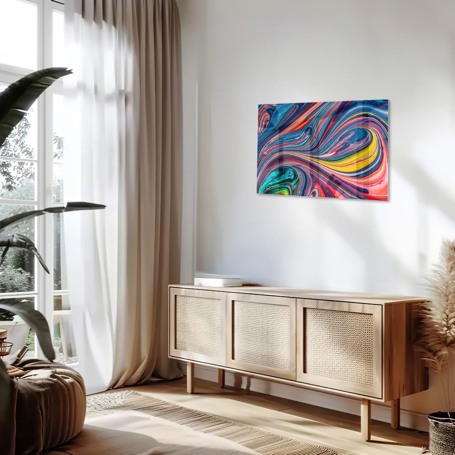 Kleurrijk abstract glazen schilderij aan de muur in een modern interieur.