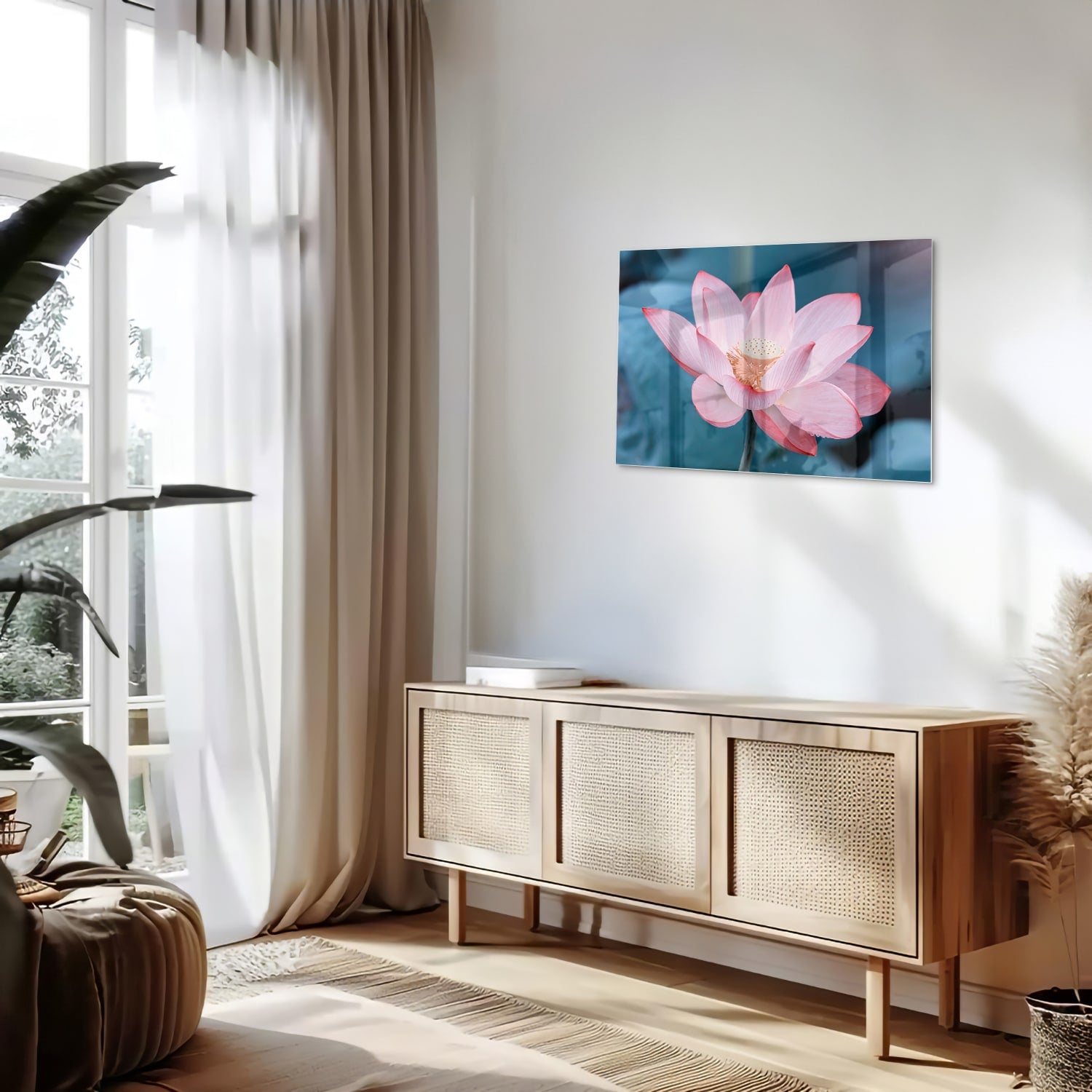 Glazen schilderij van een roze lotus boven een houten meubelstuk in een gezellige woonkamer.
