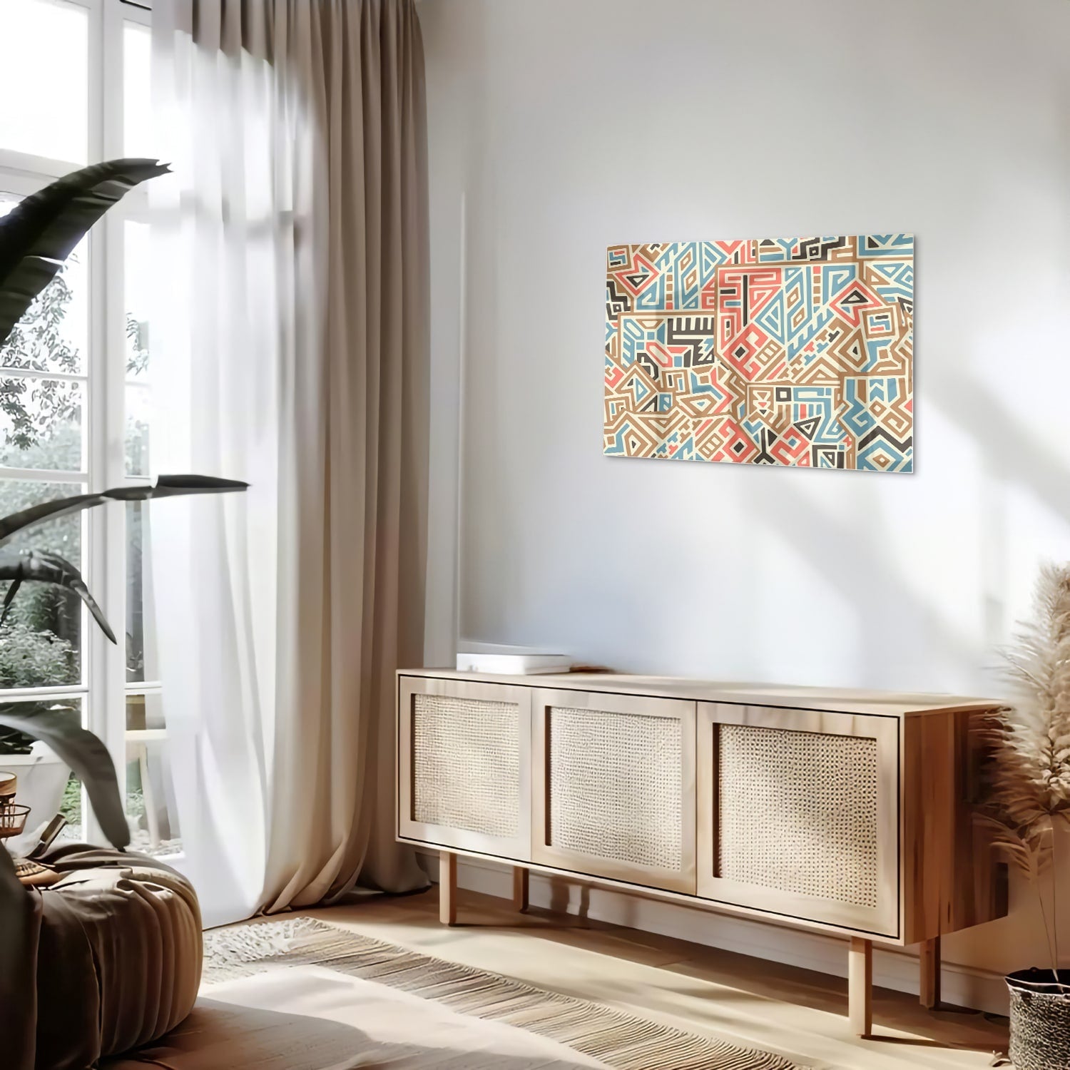 Abstract glazen schilderij met kleurrijke geometrische patronen aan de muur.